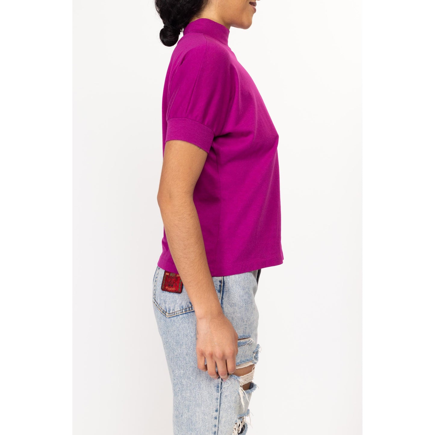 Medium 80s Magenta Mockneck Top | Vintage Short Dolman Sleeve Shirt