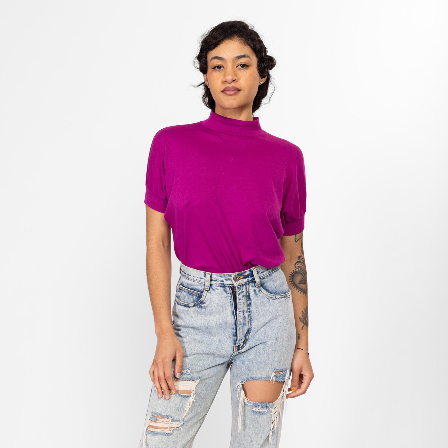 Medium 80s Magenta Mockneck Top | Vintage Short Dolman Sleeve Shirt