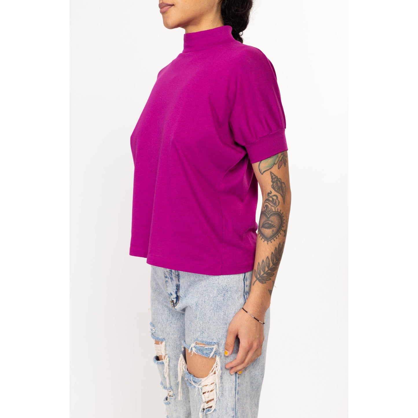 Medium 80s Magenta Mockneck Top | Vintage Short Dolman Sleeve Shirt