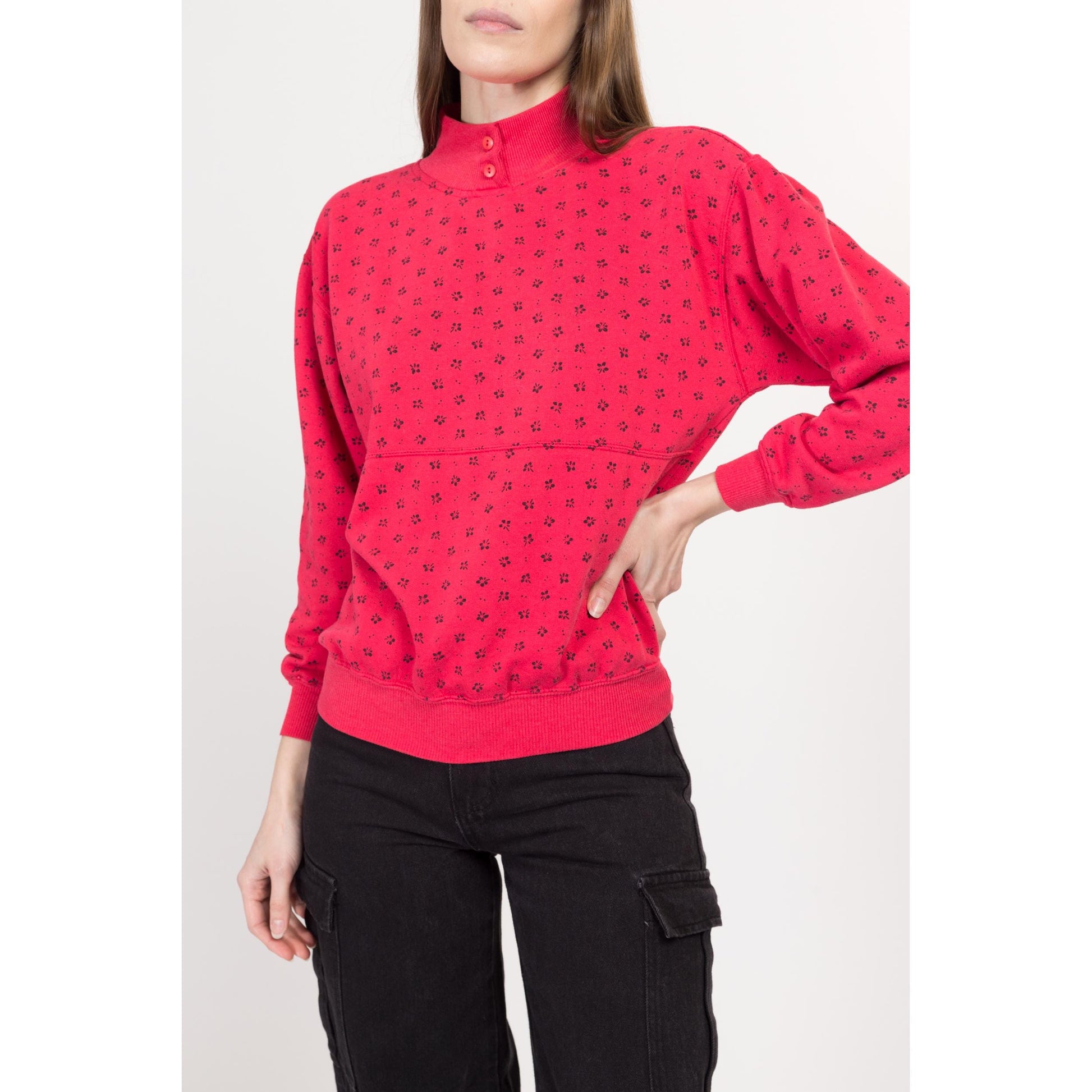 Small 80s Red Floral Mockneck Sweatshirt | Vintage Slouchy Pullover Henley Top