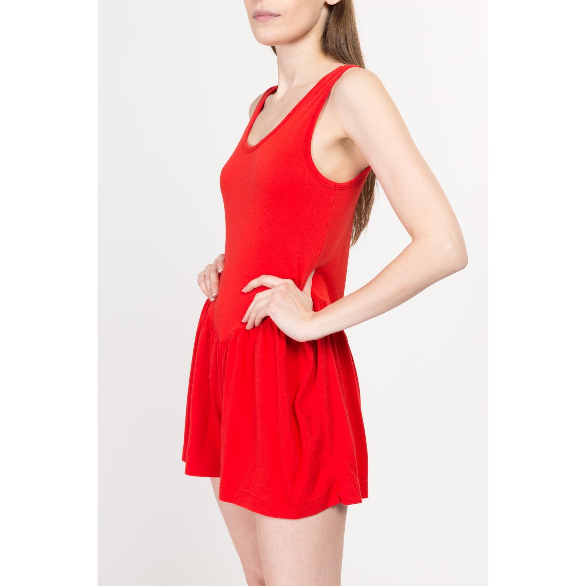 Sm-Med 80s Red Pinafore Romper | Retro Vintage Sleeveless Scoop Neck Jersey Playsuit