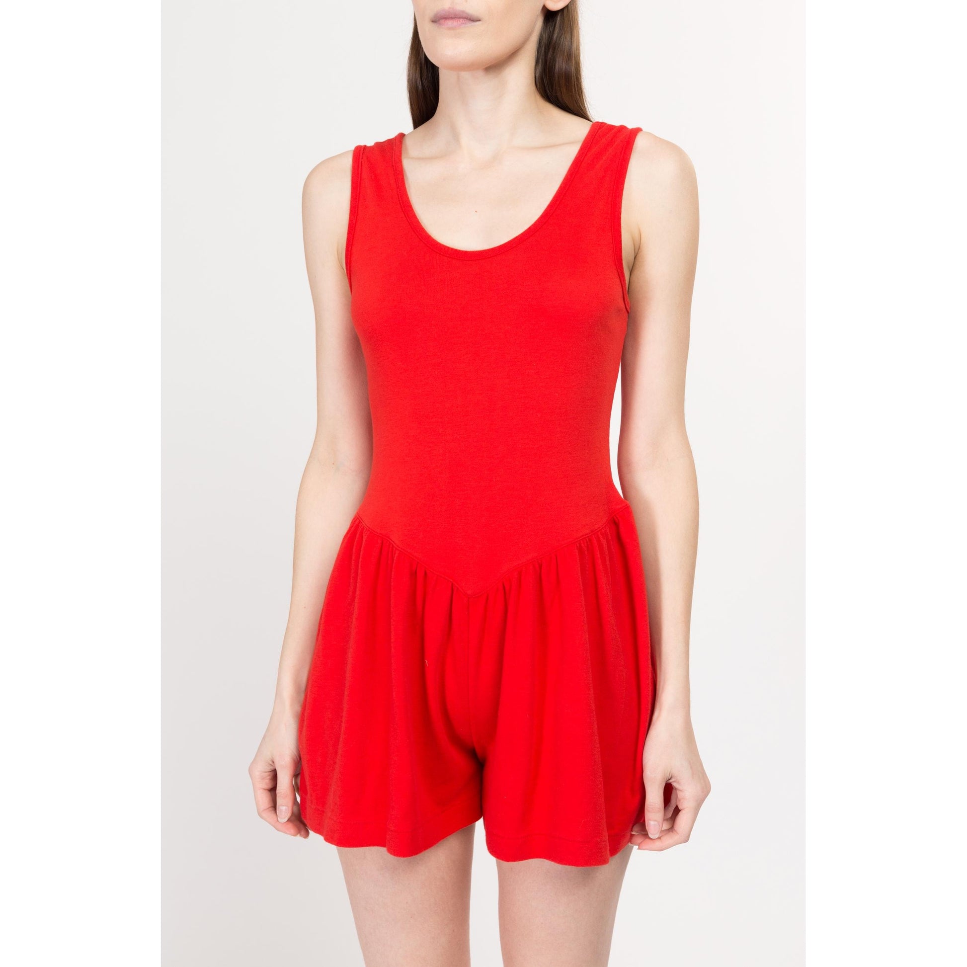 Sm-Med 80s Red Pinafore Romper | Retro Vintage Sleeveless Scoop Neck Jersey Playsuit