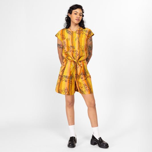 XS 90s Boho Yellow Batik Striped Tie Front Crop Top & Wide Leg Shorts Set | Vintage Two Piece Matching Loungewear Outfit