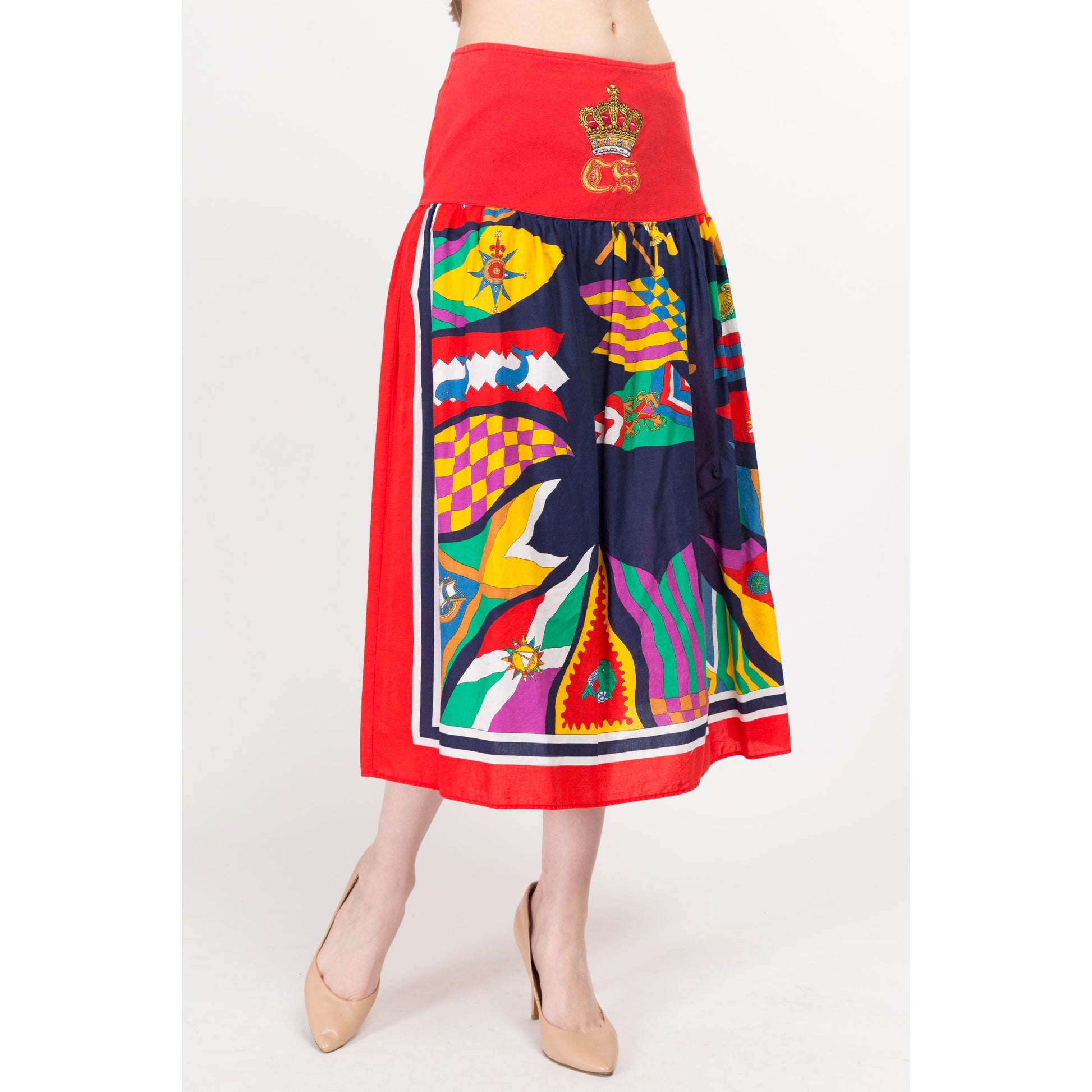 Medium 80s Nautical Flag Midi Skirt | Retro Vintage Cristina Santandrea Red Blue A Line High Waisted Skirt