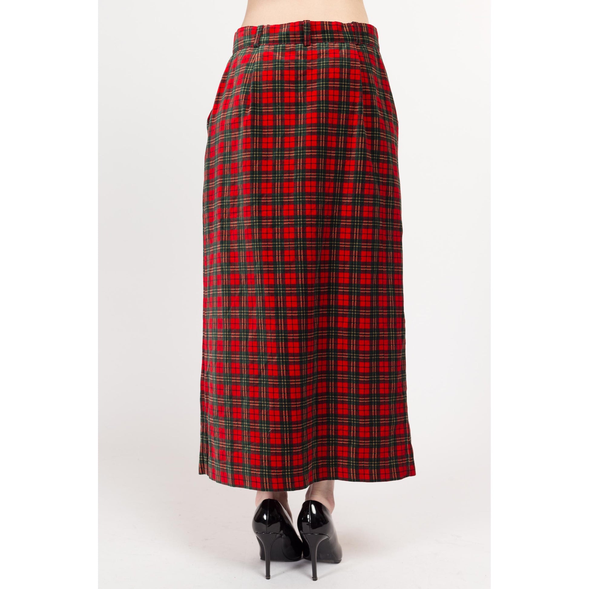 Large 80s Red Plaid Velvet Maxi Skirt 31" | Vintage Button Front High Waisted Straight Skirt