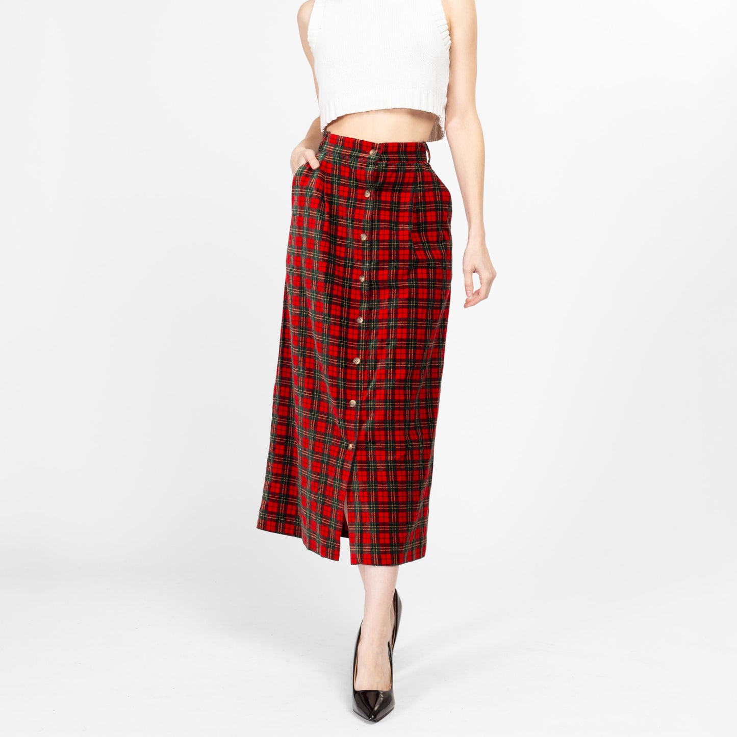 Large 80s Red Plaid Velvet Maxi Skirt 31" | Vintage Button Front High Waisted Straight Skirt