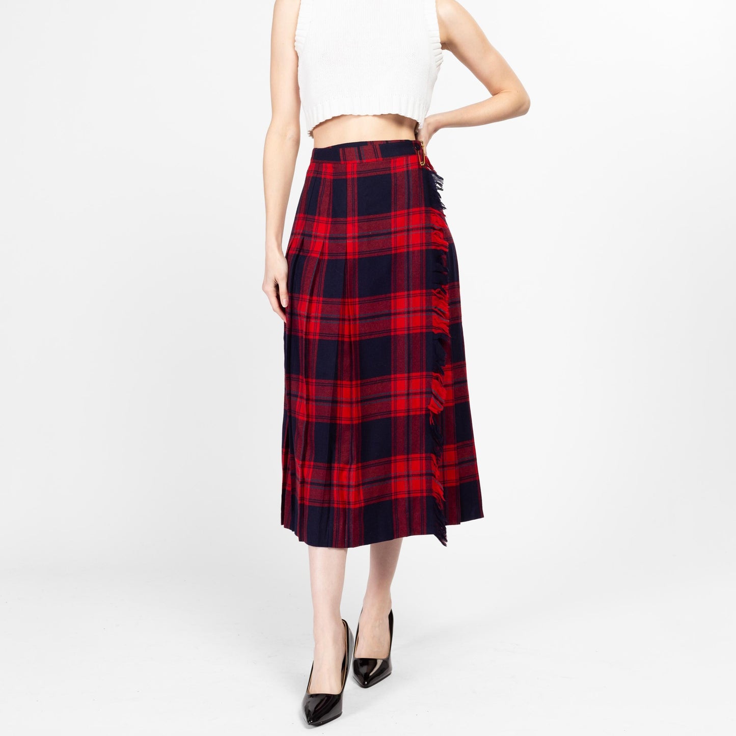 Medium 80s Red & Blue Plaid Wool Midi Kilt Skirt 28.5" | Vintage Tartan High Waisted Pleated Fringe Wrap Skirt