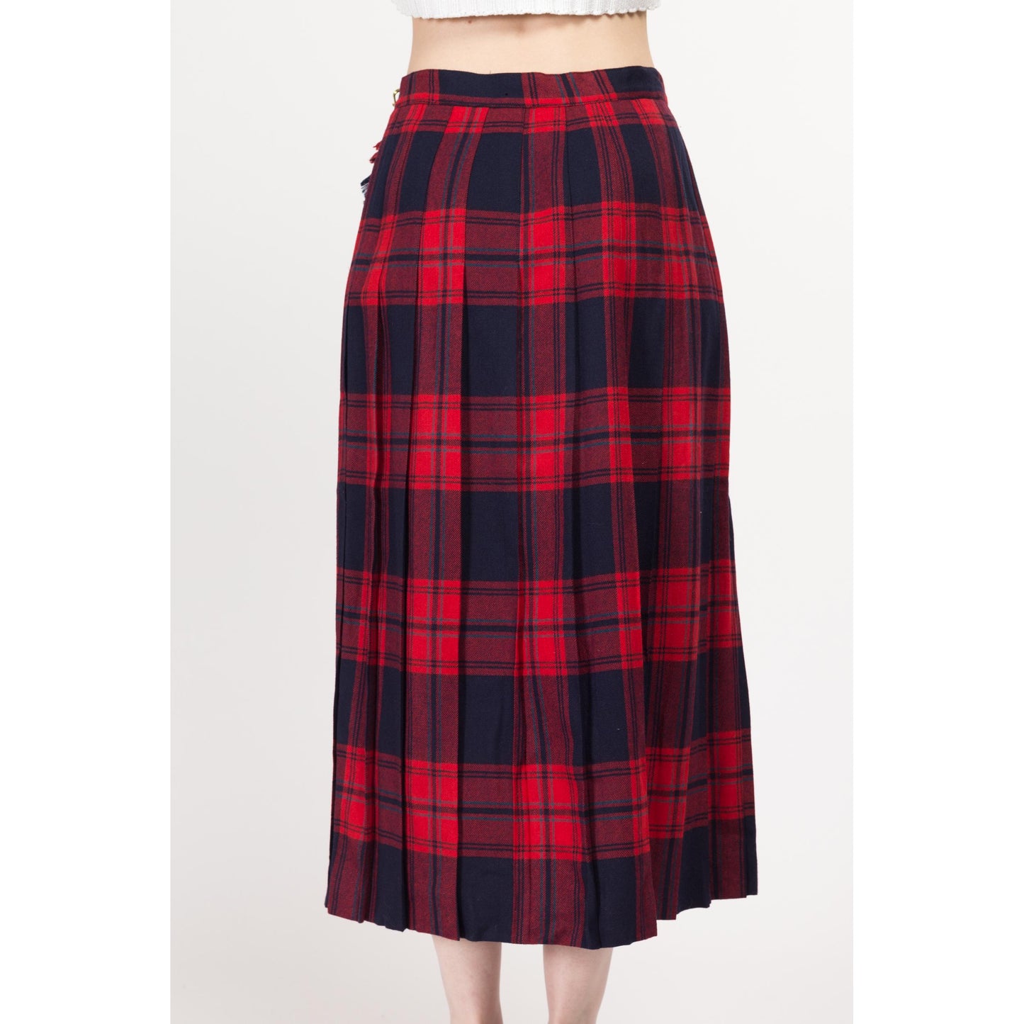 Medium 80s Red & Blue Plaid Wool Midi Kilt Skirt 28.5" | Vintage Tartan High Waisted Pleated Fringe Wrap Skirt