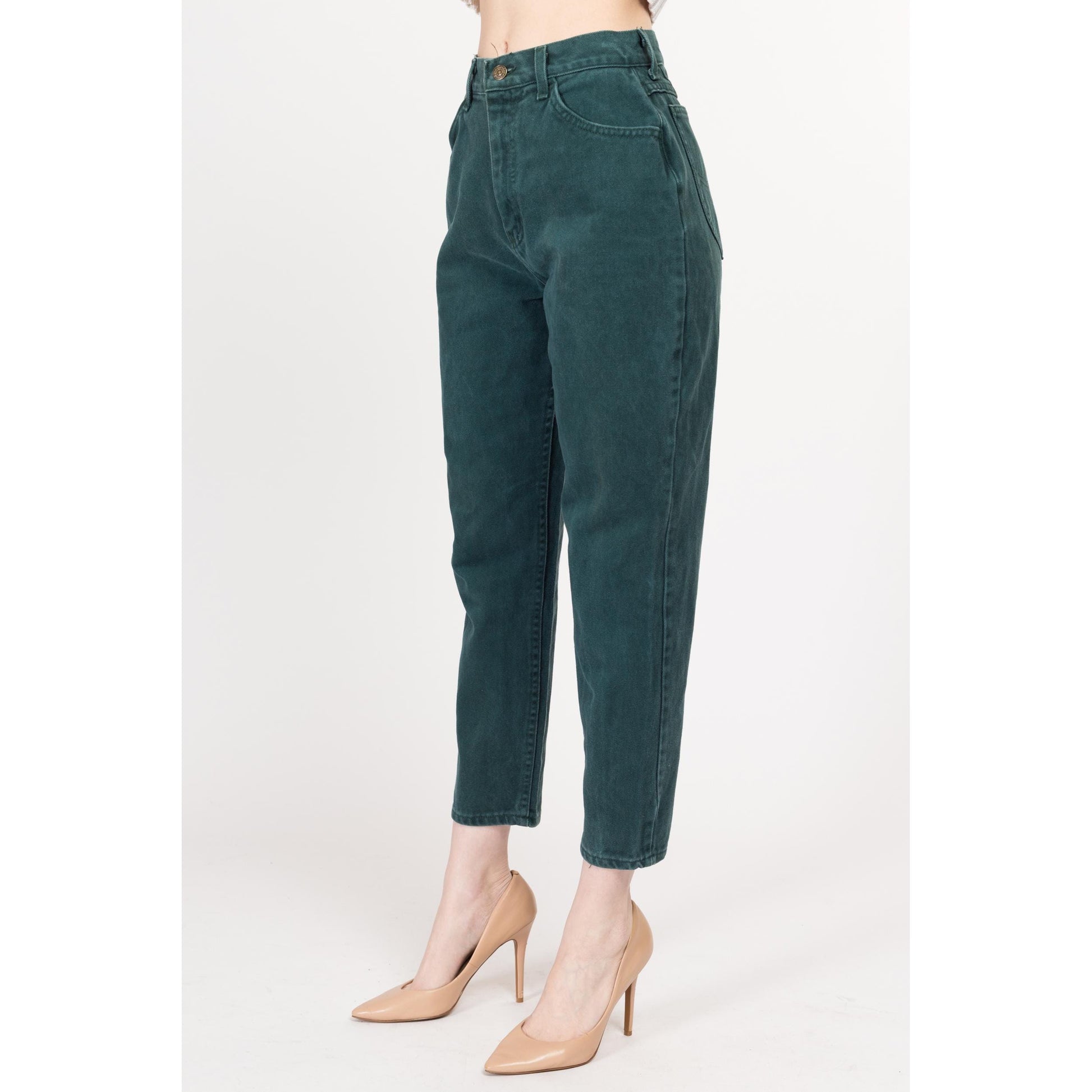 Small 90s Lee Emerald Green High Waisted Curvy Fit Jeans 26.5" | Vintage Soft Denim Tapered Leg Mom Jeans