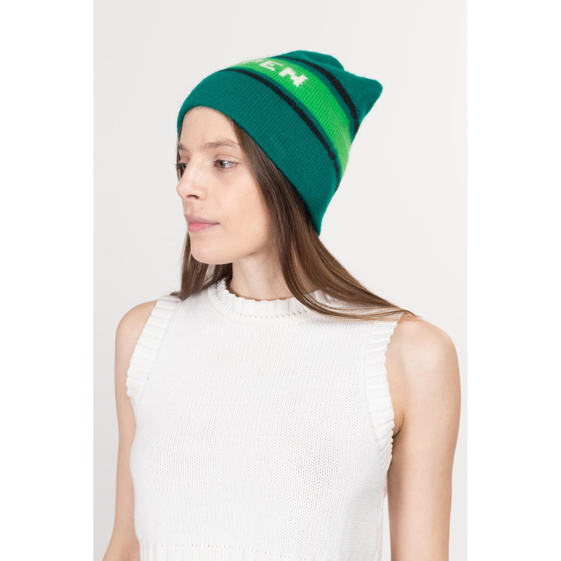 Small 70s 80s Aspen Green Striped Wool Knit Beanie | Retro Winter Skull Cap Ski Hat