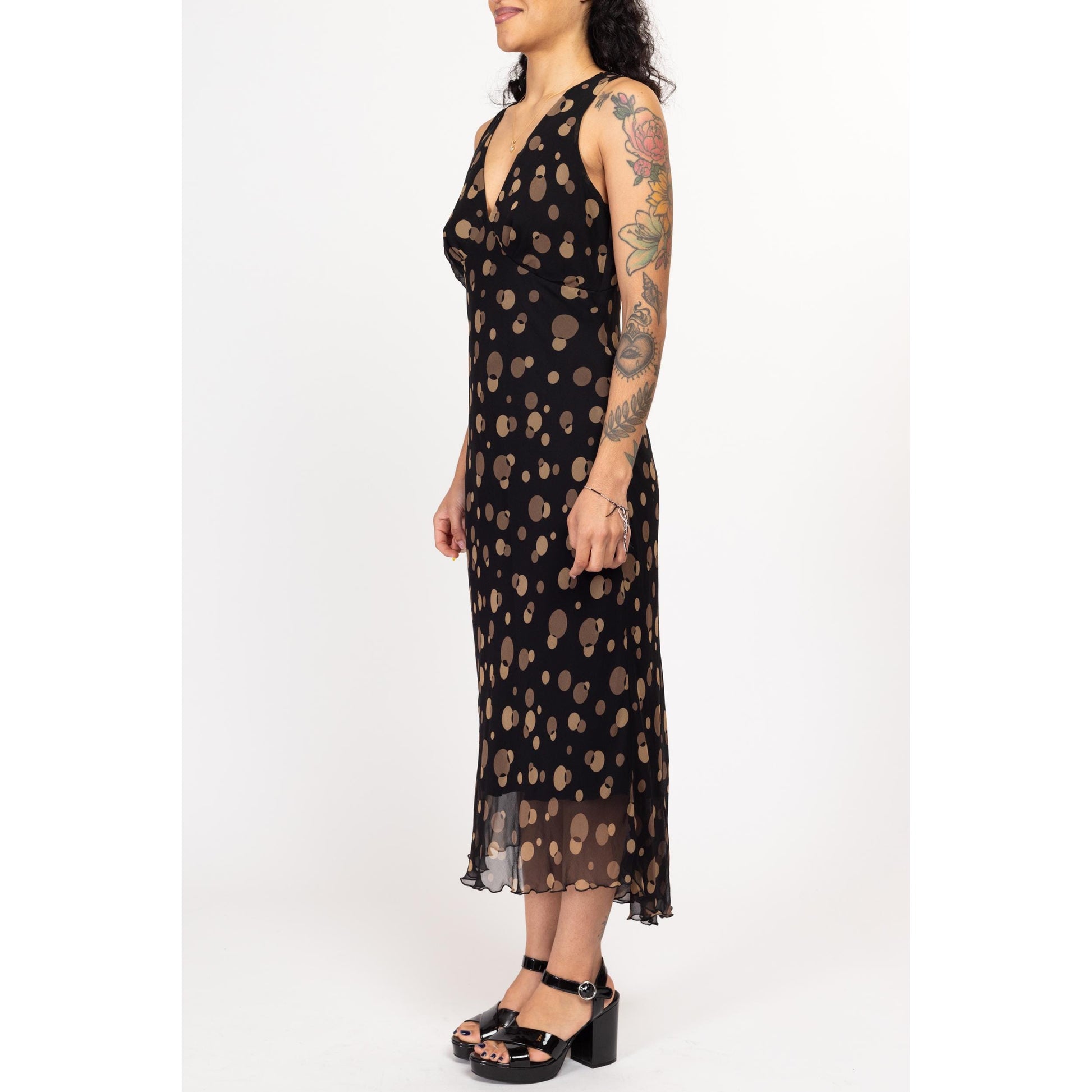 Medium 90s Y2K Black & Brown Silk Bubble Print Bias Cut Maxi Dress | Vintage Sleeveless V Neck Cocktail Party Dress