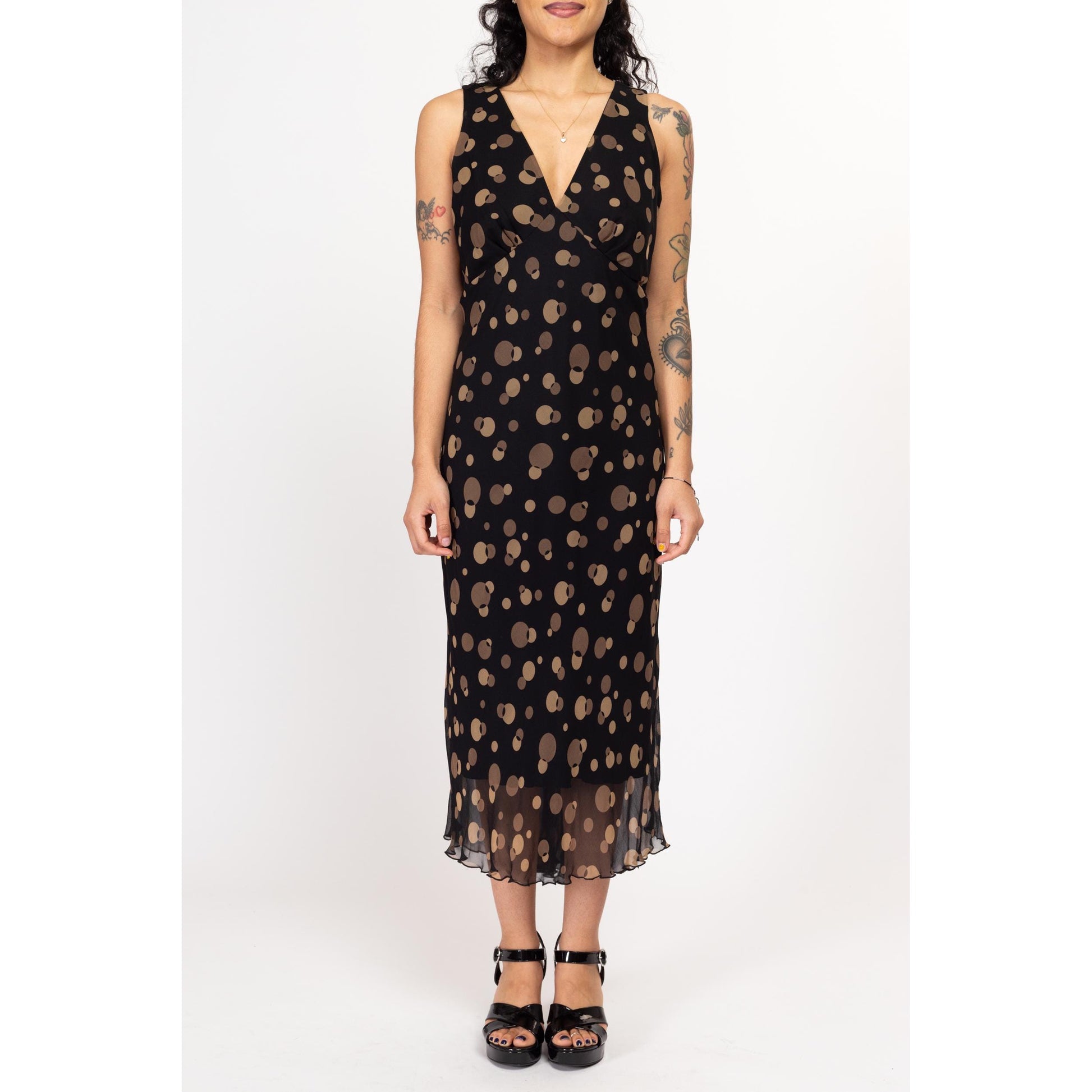 Medium 90s Y2K Black & Brown Silk Bubble Print Bias Cut Maxi Dress | Vintage Sleeveless V Neck Cocktail Party Dress