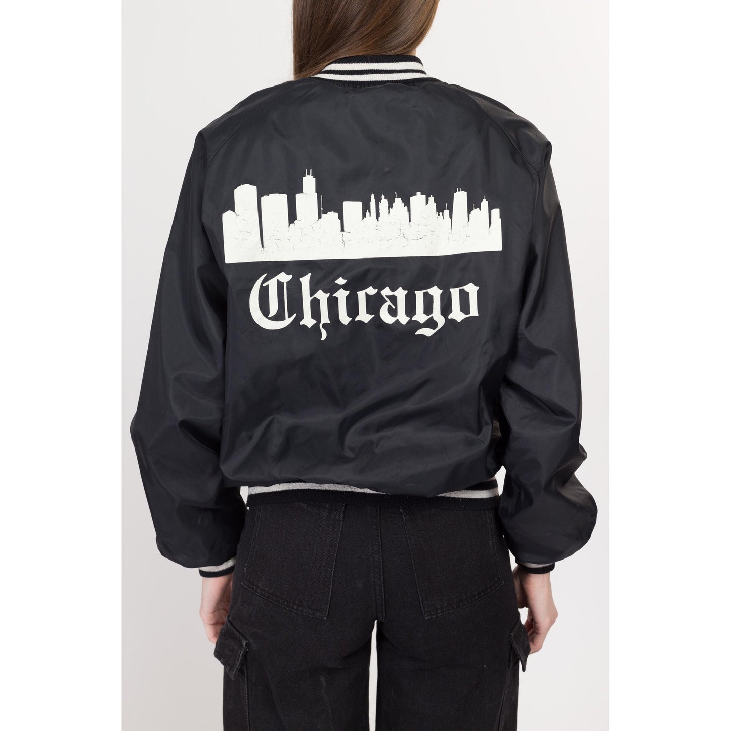 Medium 80s Chicago White Sox Chalk Line Varsity Jacket Unisex | Vintage Black MLB Baseball Snap Button Bomber