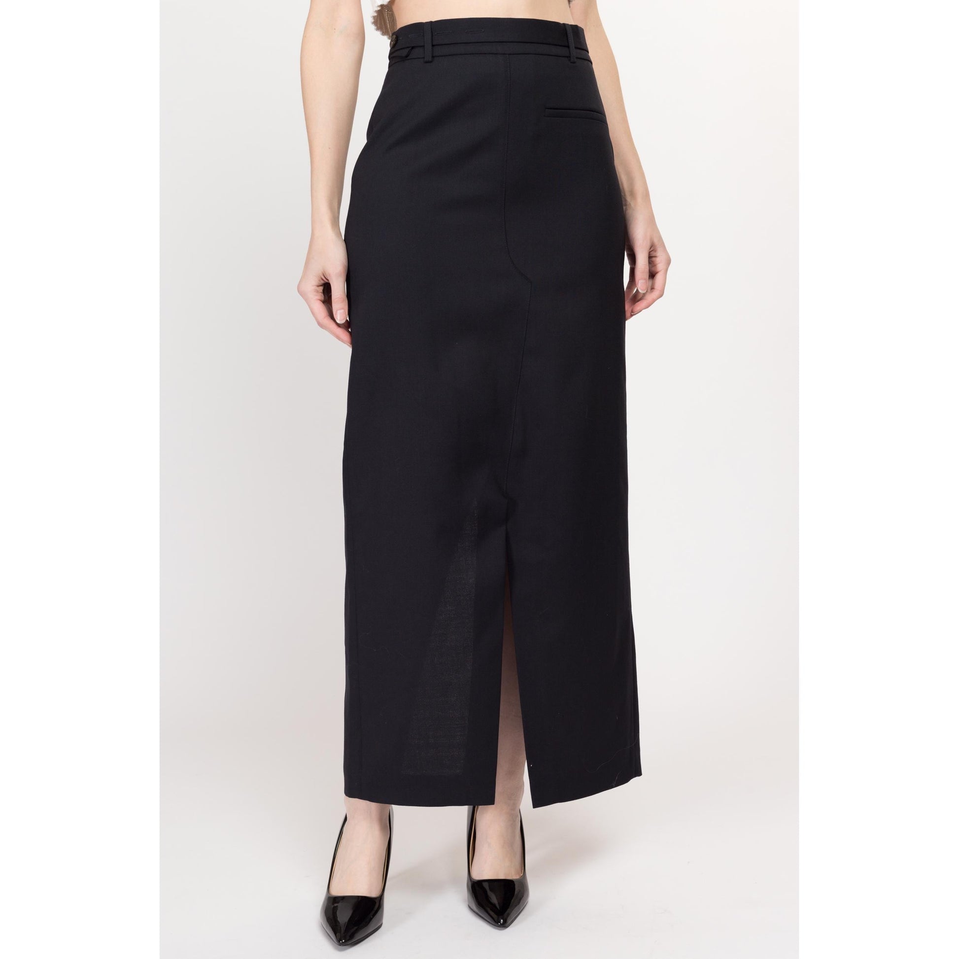 Small Róhe Black Minimalist Split Maxi Skirt | Vintage Wool Belted Long Designer Skirt