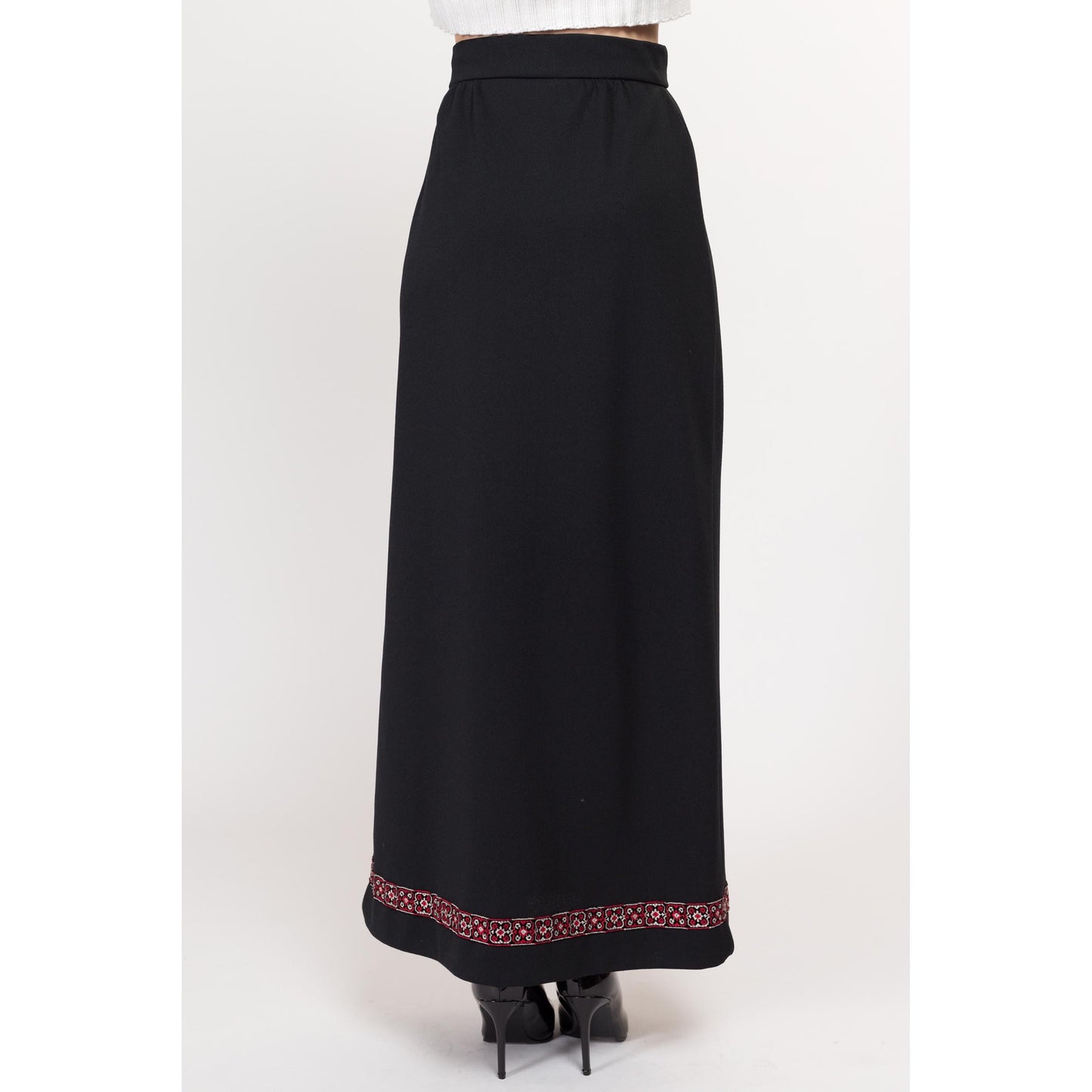 Small 70s Black Embroidered Maxi Wrap Skirt 26.5" | Vintage High Waisted Long A Line Skirt