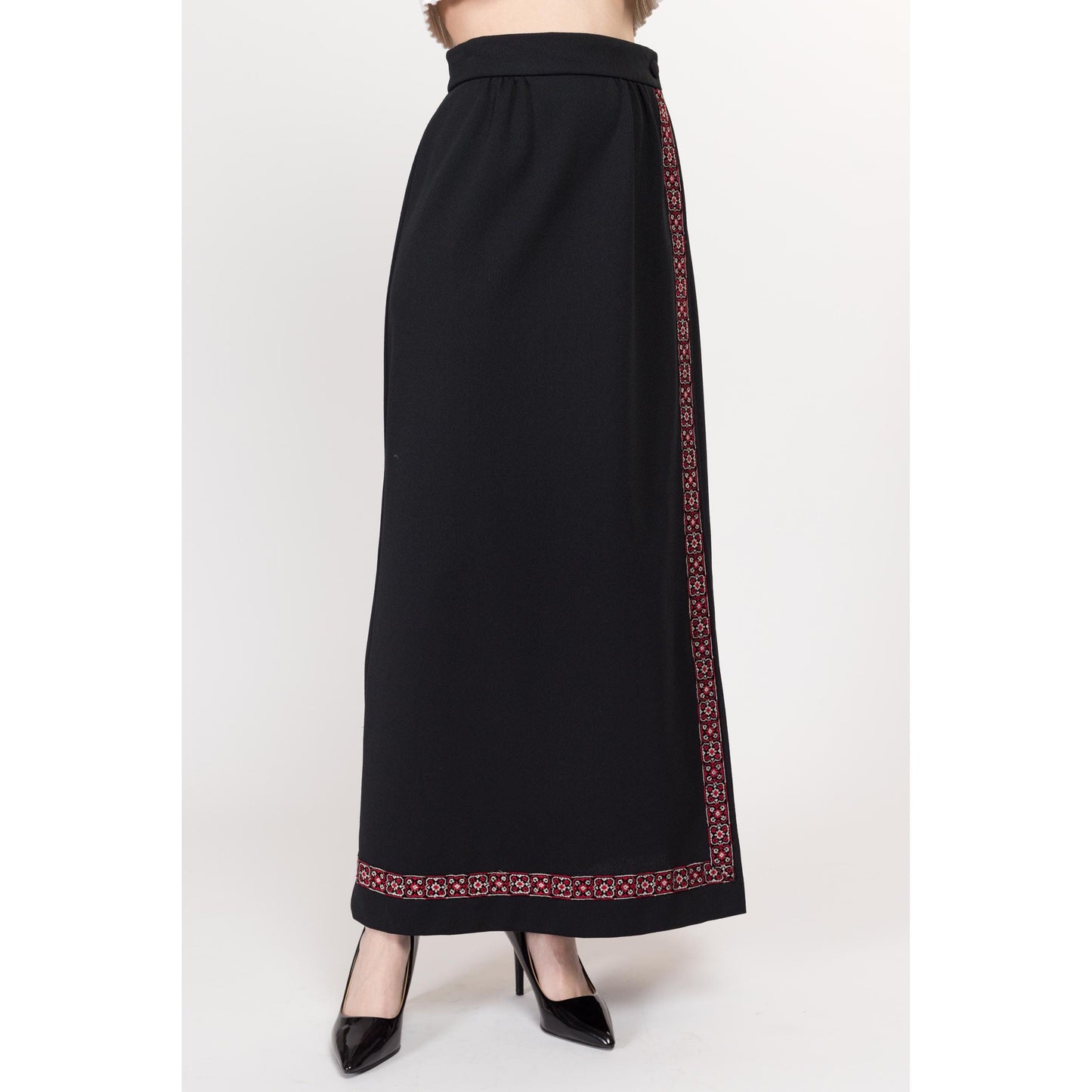 Small 70s Black Embroidered Maxi Wrap Skirt 26.5" | Vintage High Waisted Long A Line Skirt