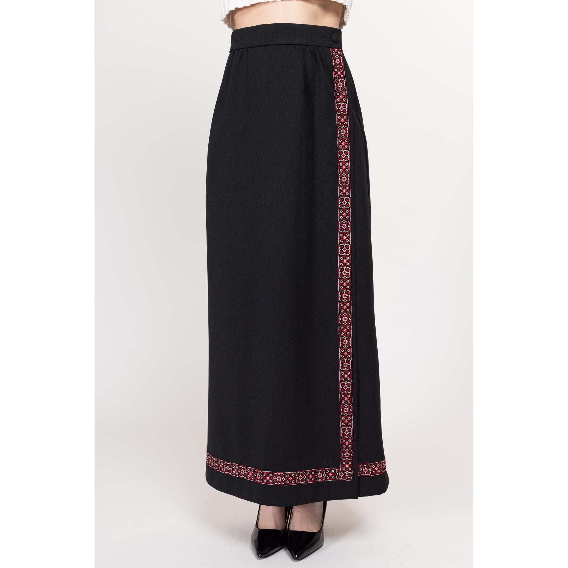 Small 70s Black Embroidered Maxi Wrap Skirt 26.5" | Vintage High Waisted Long A Line Skirt