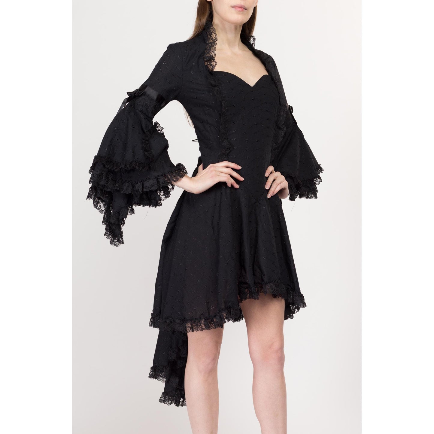 XS-Sm Y2K Black Lace Gothic Princess Angel Sleeve Dress | Vintage High-Low Hem Medieval Whimsigoth Mini Dress