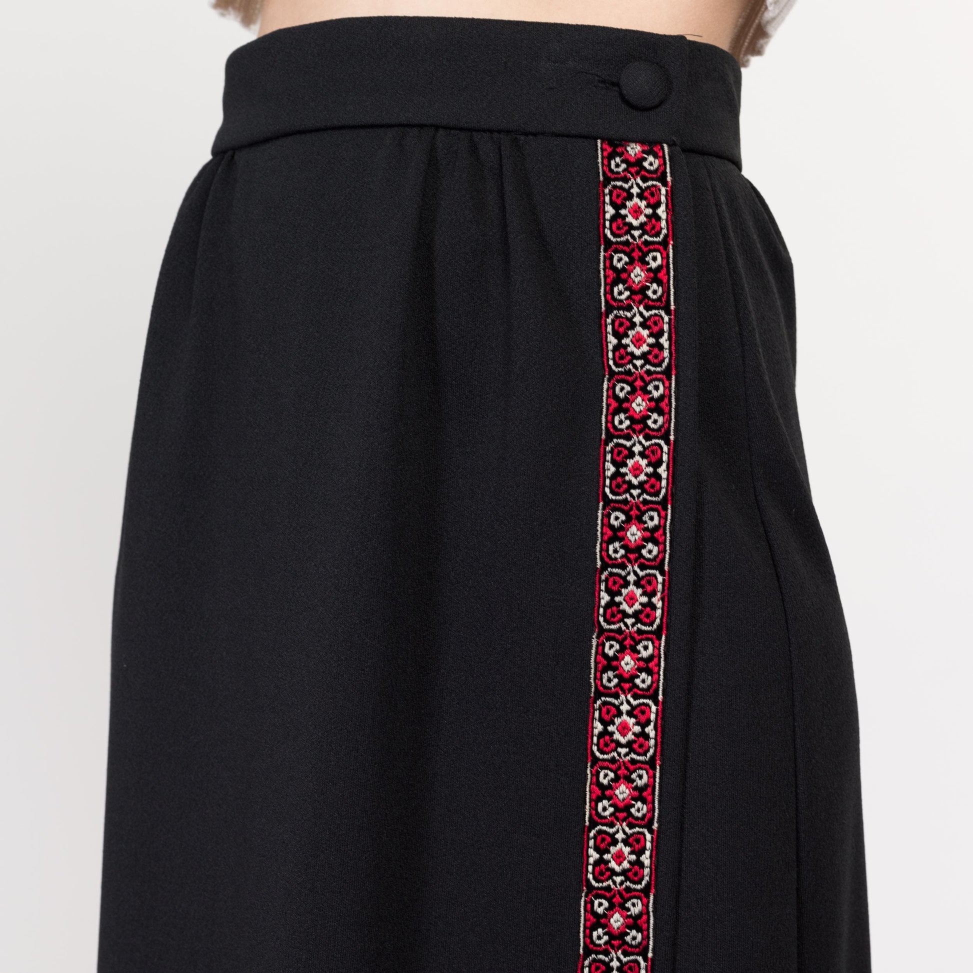 Small 70s Black Embroidered Maxi Wrap Skirt 26.5" | Vintage High Waisted Long A Line Skirt