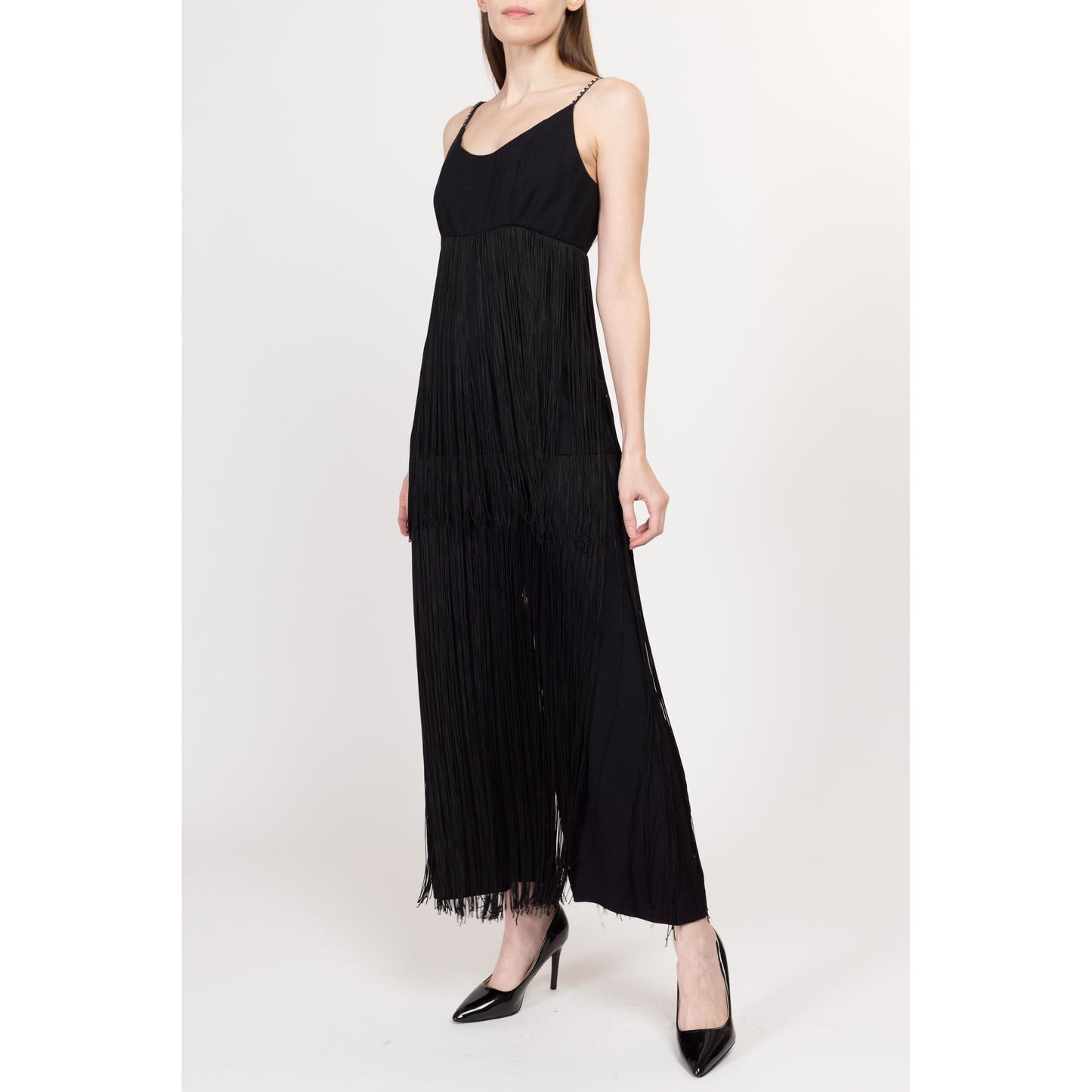 XS-Sm 60s 70s Black Fringe Palazzo Jumpsuit | Vintage Jeweled Spaghetti Strap Low Back Disco Pantsuit