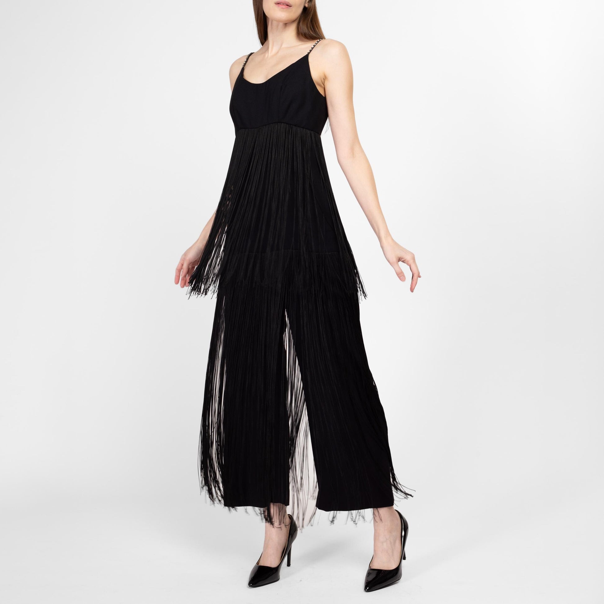 XS-Sm 60s 70s Black Fringe Palazzo Jumpsuit | Vintage Jeweled Spaghetti Strap Low Back Disco Pantsuit