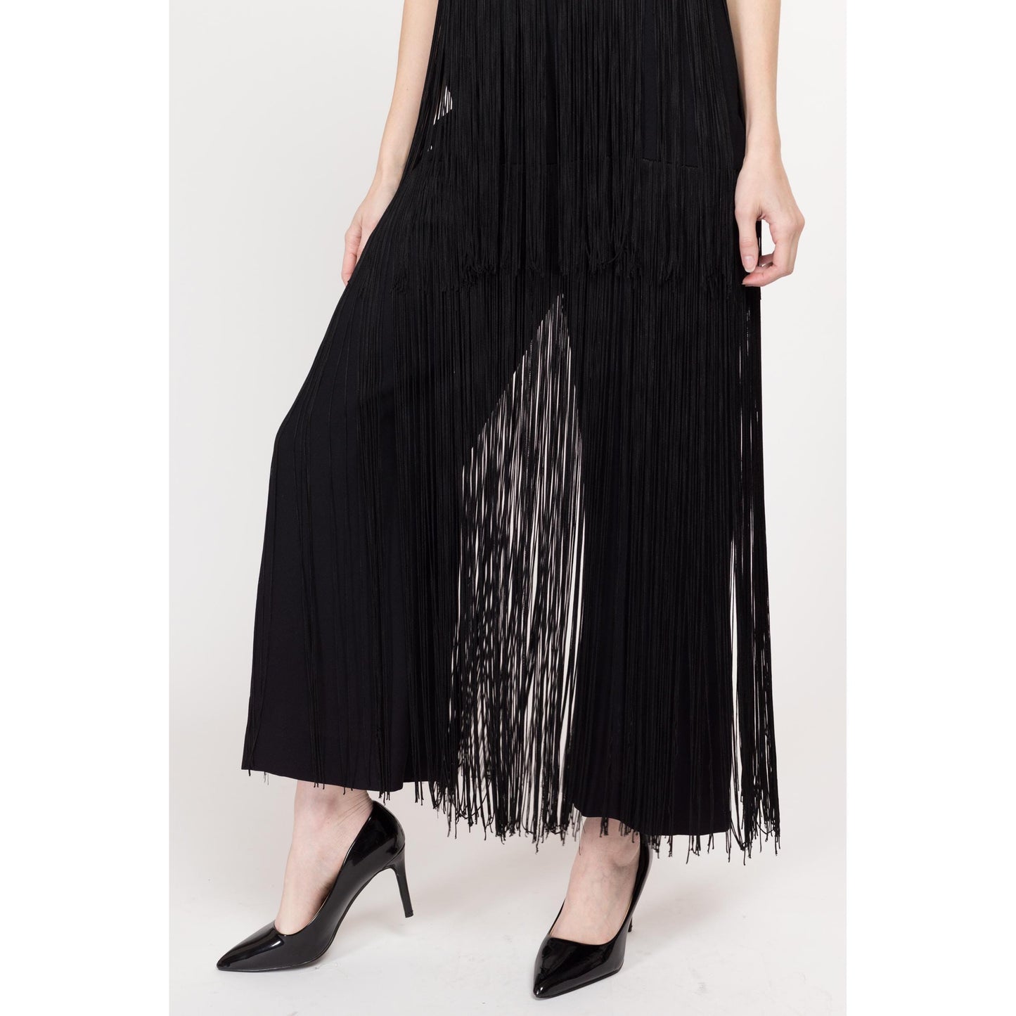 XS-Sm 60s 70s Black Fringe Palazzo Jumpsuit | Vintage Jeweled Spaghetti Strap Low Back Disco Pantsuit