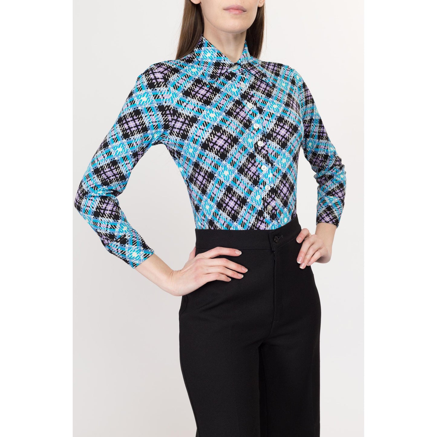 XS 70s Mod Blue Plaid Bodysuit Top | Vintage Collared Long Sleeve Button Up Disco Shirt