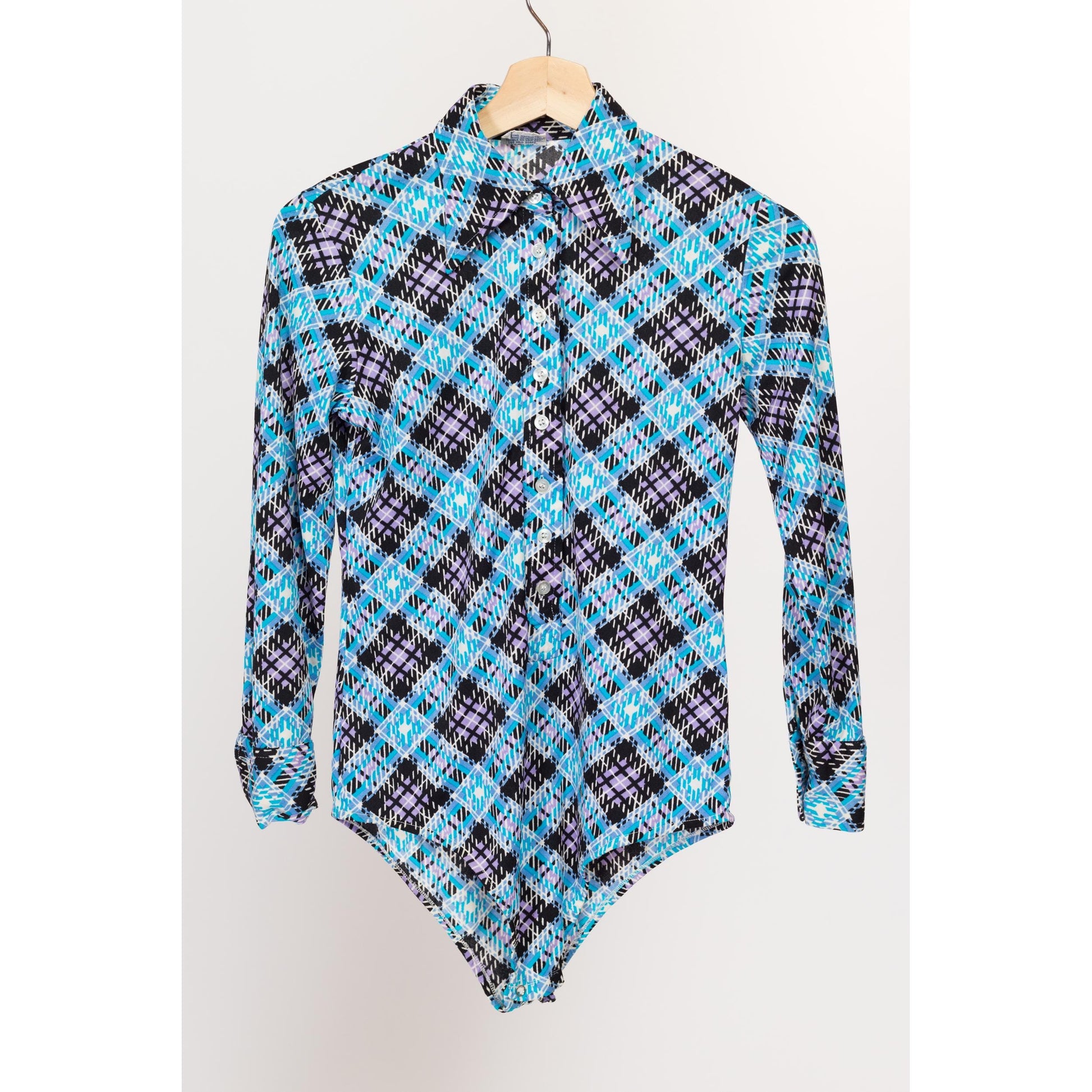 XS 70s Mod Blue Plaid Bodysuit Top | Vintage Collared Long Sleeve Button Up Disco Shirt