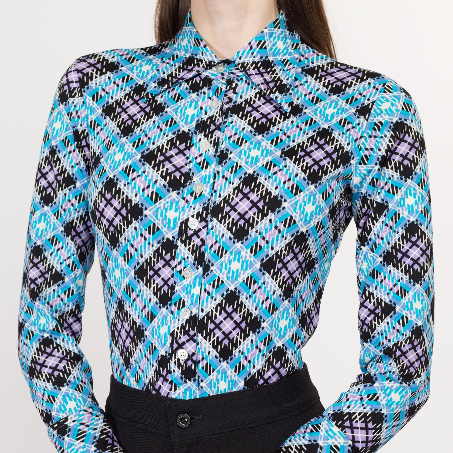 XS 70s Mod Blue Plaid Bodysuit Top | Vintage Collared Long Sleeve Button Up Disco Shirt