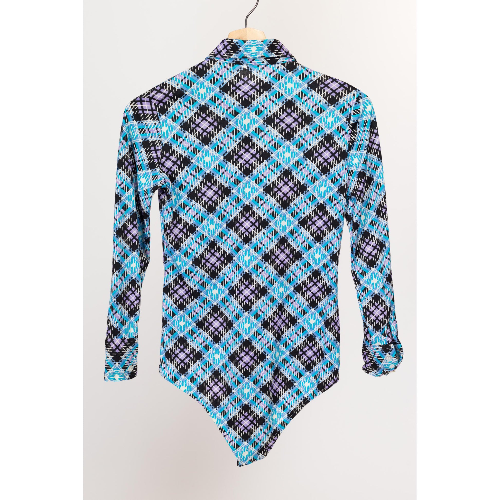 XS 70s Mod Blue Plaid Bodysuit Top | Vintage Collared Long Sleeve Button Up Disco Shirt