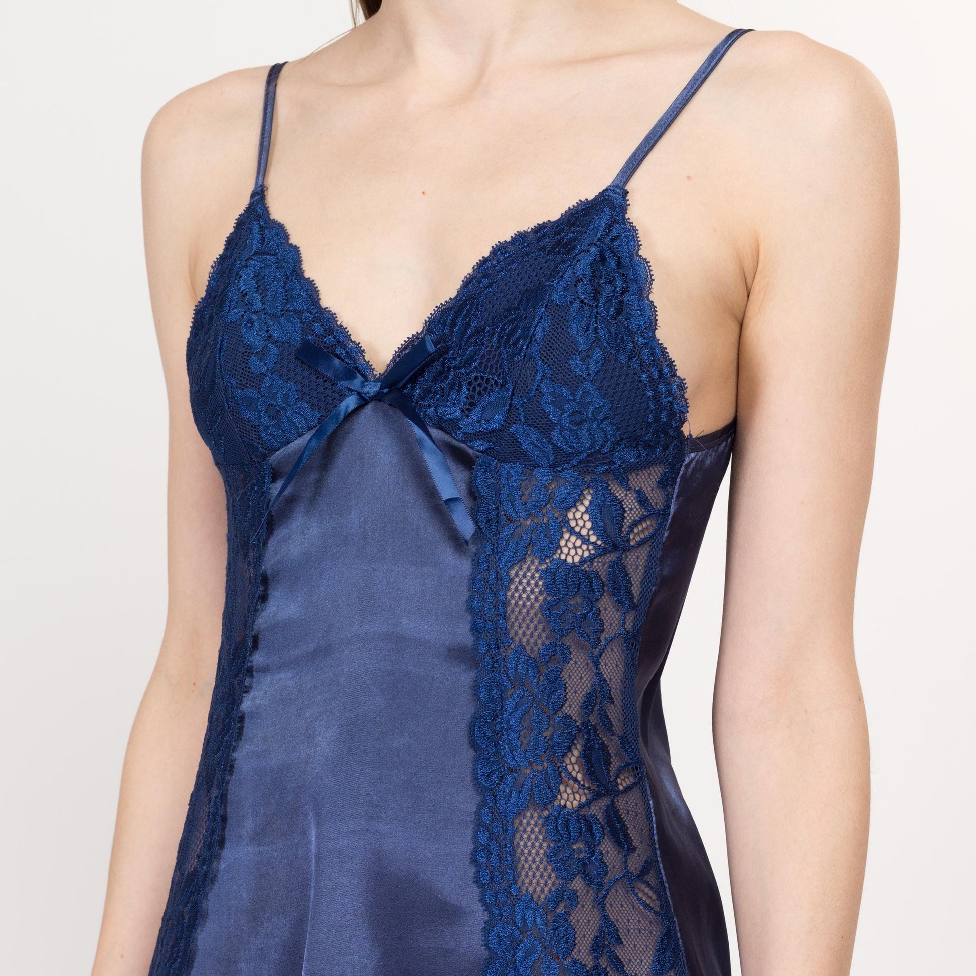 Small Y2K Midnight Blue Satin Low Back Nightie | Vintage Lace Trim Lingerie Micro Mini Slip Dress