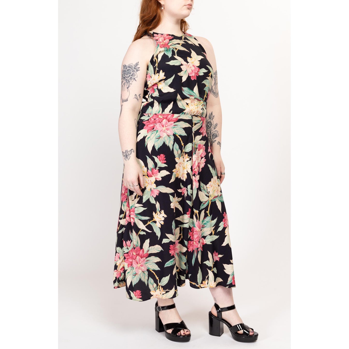 Large 90s Black Tropical Floral Rayon Maxi Sundress | Vintage Sleeveless Racerback Boho Grunge Dress