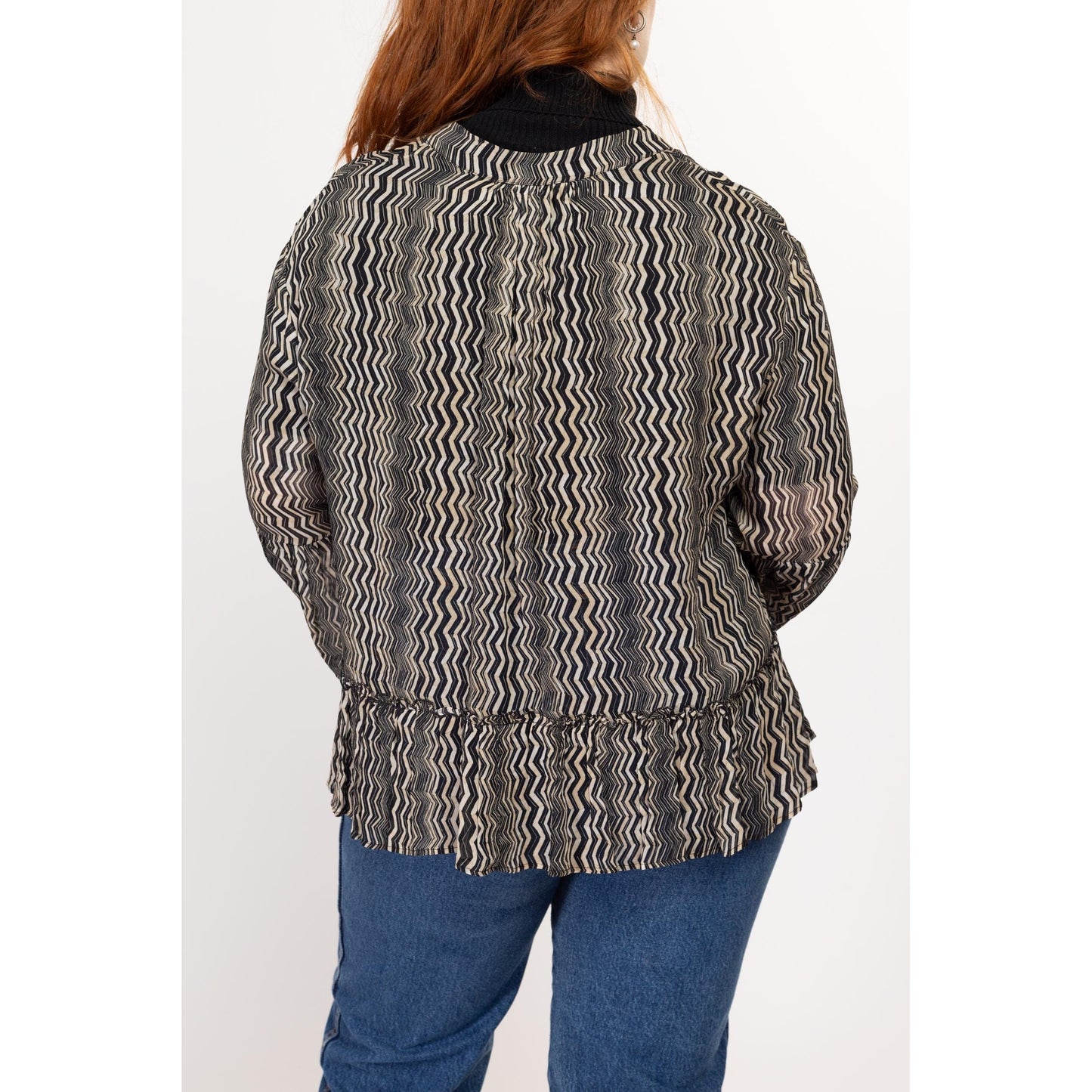 Large Y2K Sheer Black & White Zig Zag Striped Blouse | Vintage Bell Sleeve V Neck Flowy Pullover Top