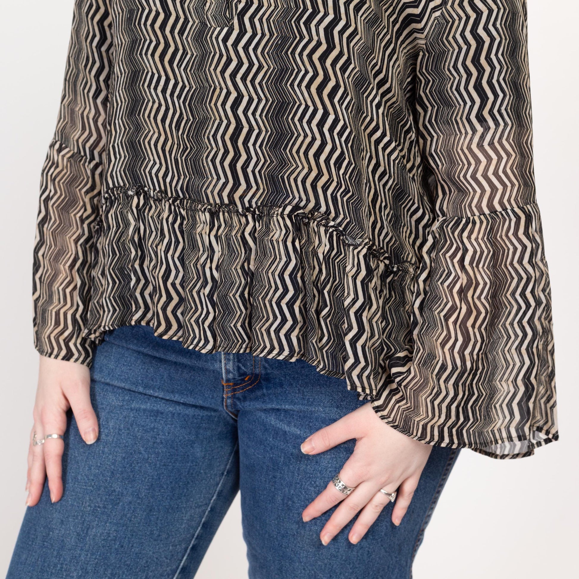 Large Y2K Sheer Black & White Zig Zag Striped Blouse | Vintage Bell Sleeve V Neck Flowy Pullover Top