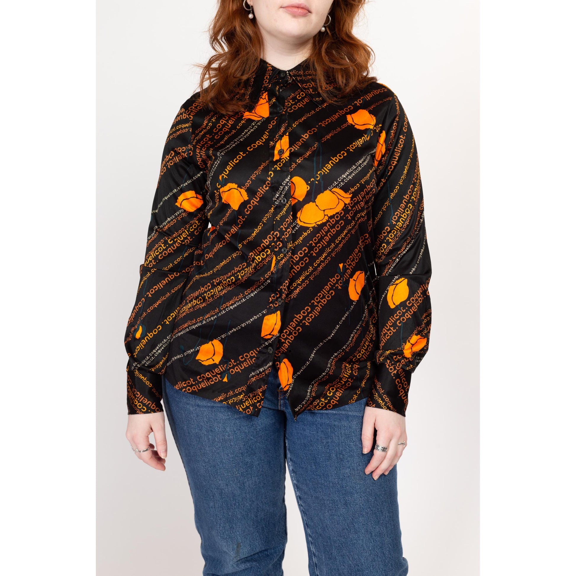 Large 70s Coquelicot Poppy Novelty Print Shirt | Vintage Black & Orange Floral Pointed Collar Button Up Top