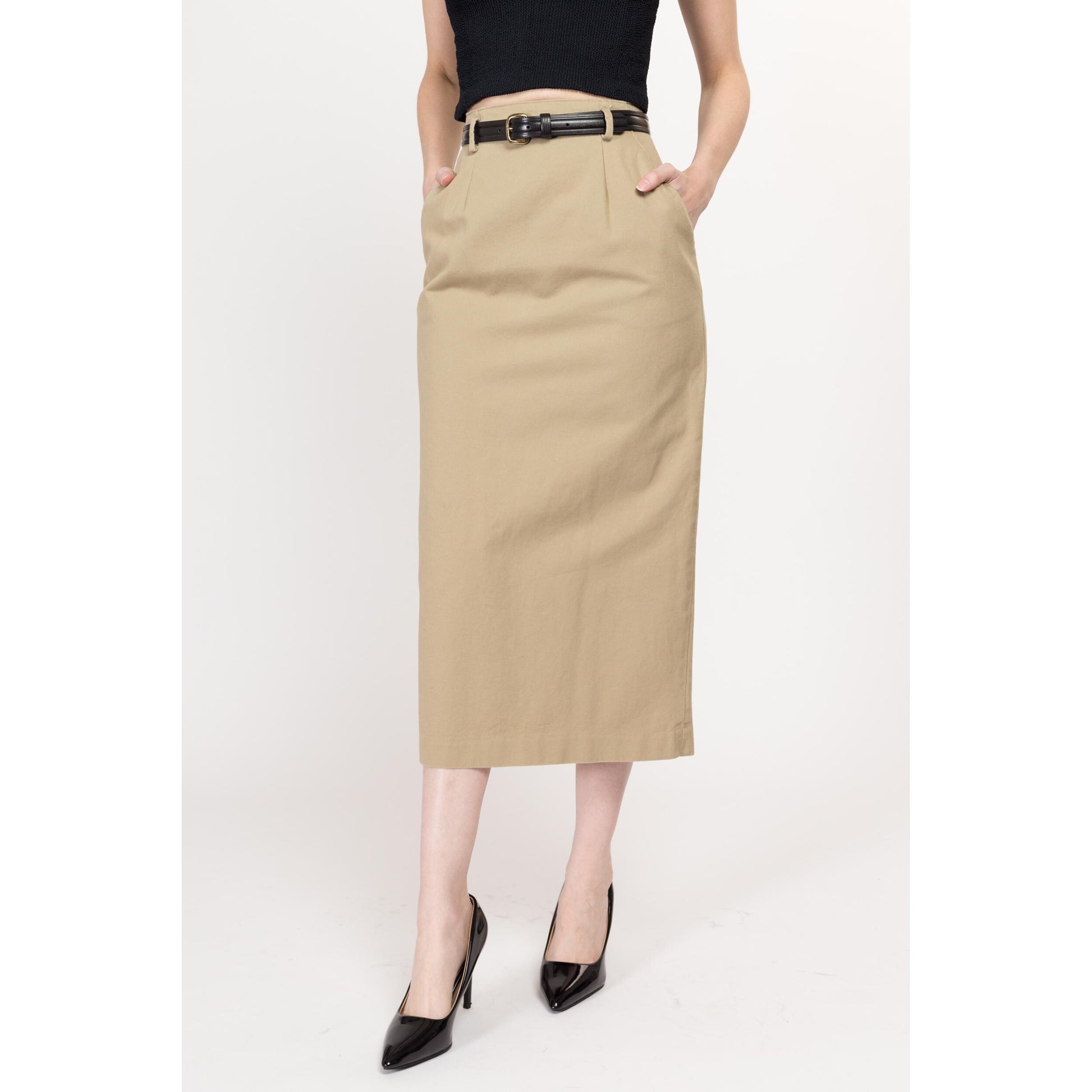 XS 80s Minimalist Khaki Midi Skirt 24" | Vintage High Waisted Straight Fit Cotton Pencil Skirt