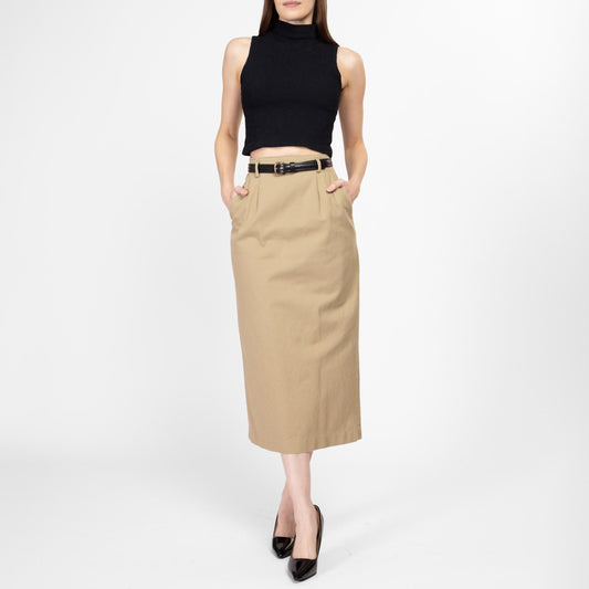 XS 80s Minimalist Khaki Midi Skirt 24" | Vintage High Waisted Straight Fit Cotton Pencil Skirt