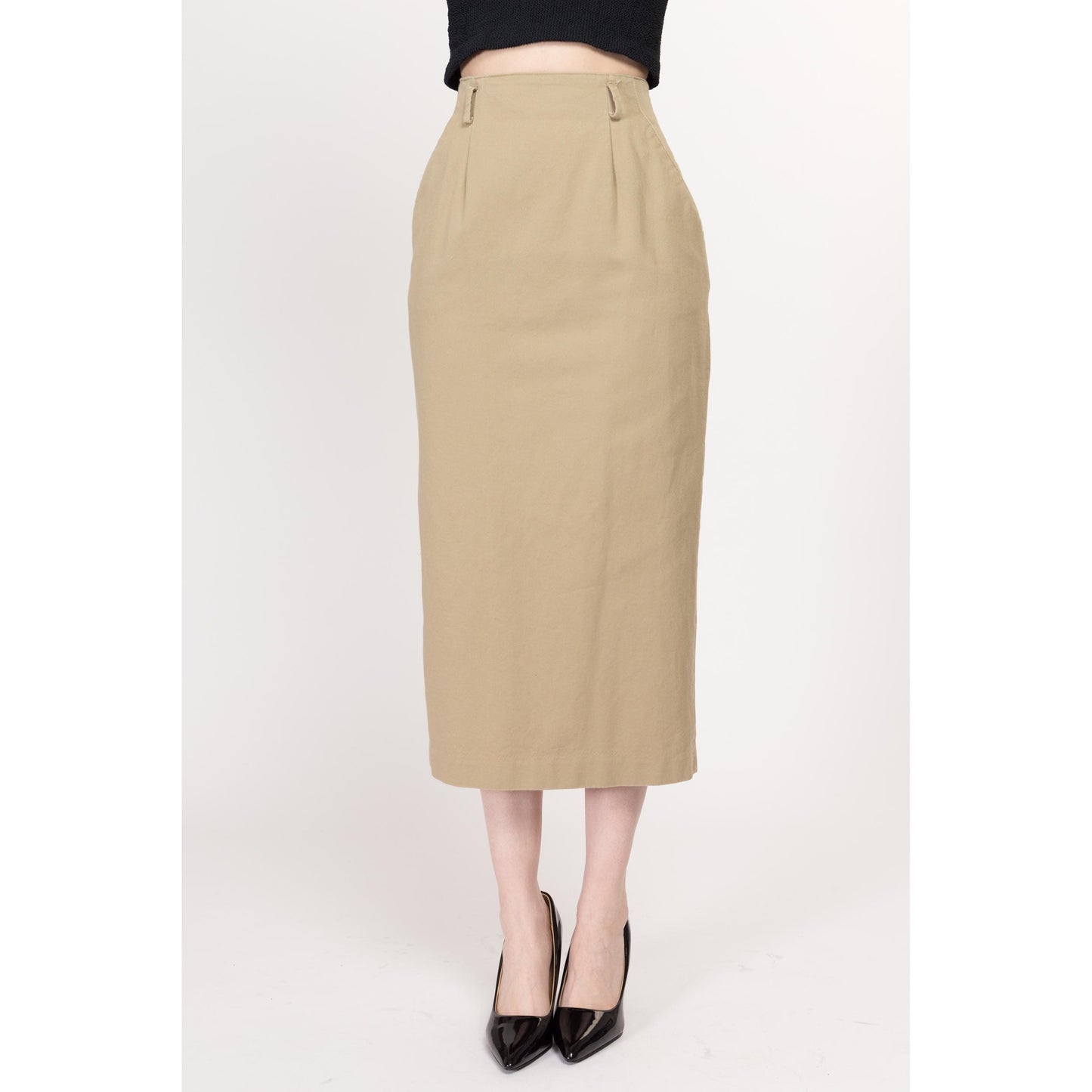 XS 80s Minimalist Khaki Midi Skirt 24" | Vintage High Waisted Straight Fit Cotton Pencil Skirt