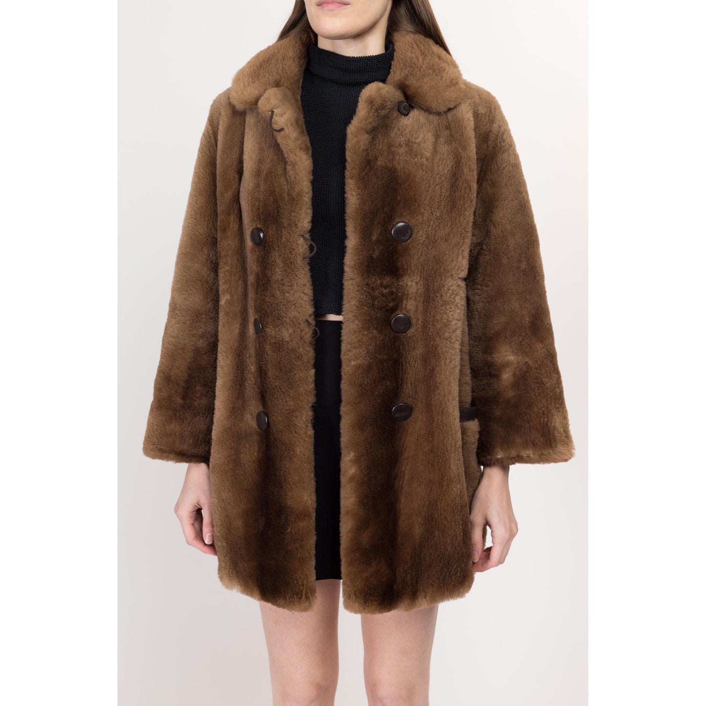 Small 1950s Brown Fur Teddy Bear Swing Jacket | Vintage 50s 60s Collared Sheared Beaver Fur Winter Coat