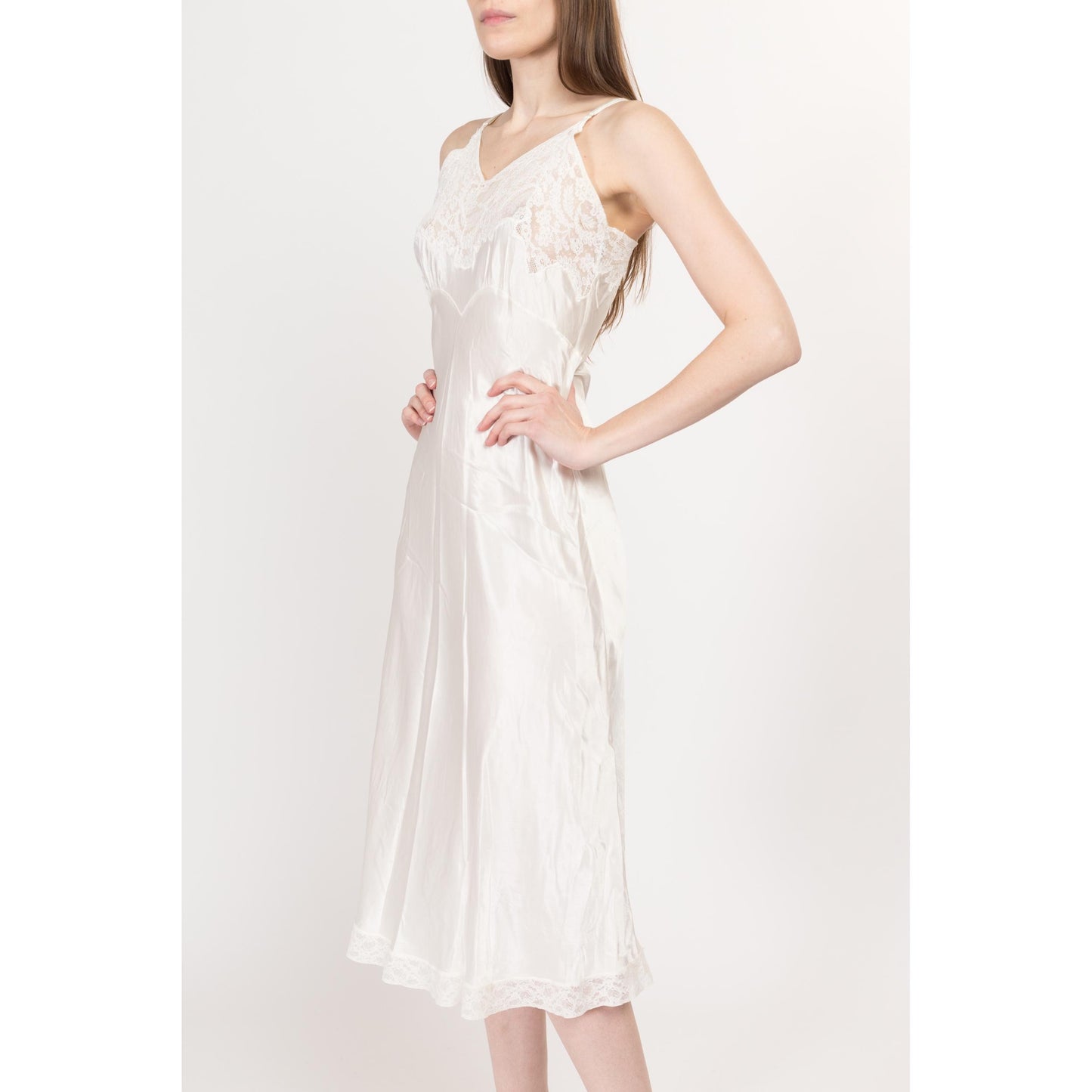 XS-Sm 1940s Fischer Heavenly Lingerie White Bias Cut Nightgown | Vintage 40s Rayon Satin & Lace Slinky Midi Slip Dress