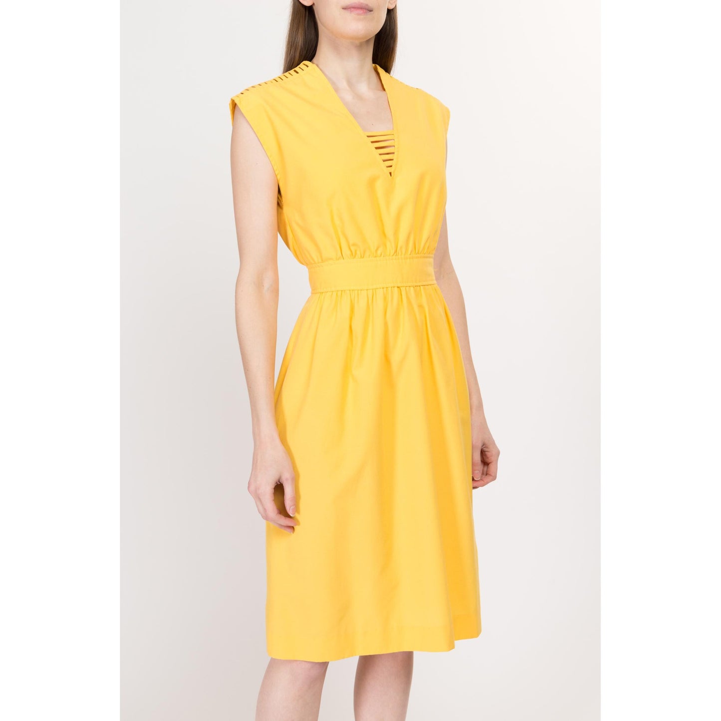 XS 70s Yellow Cage Shoulder Midi Dress | Vintage V Neck Cap Sleeve Fit Flare Shirtdress