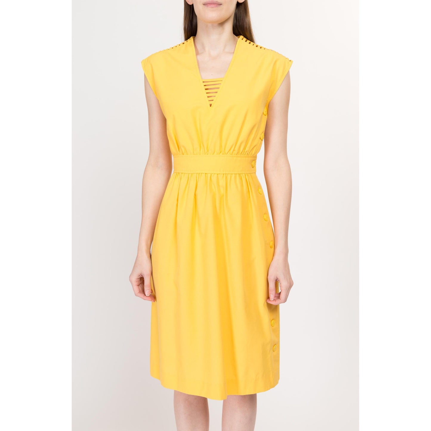 XS 70s Yellow Cage Shoulder Midi Dress | Vintage V Neck Cap Sleeve Fit Flare Shirtdress