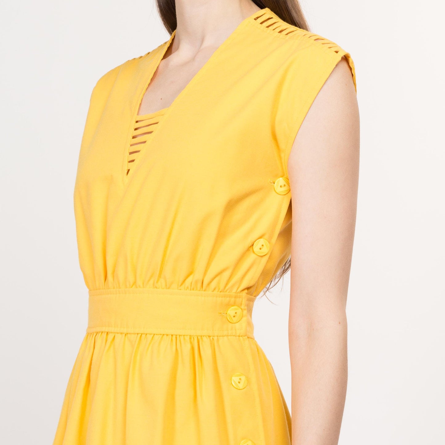 XS 70s Yellow Cage Shoulder Midi Dress | Vintage V Neck Cap Sleeve Fit Flare Shirtdress