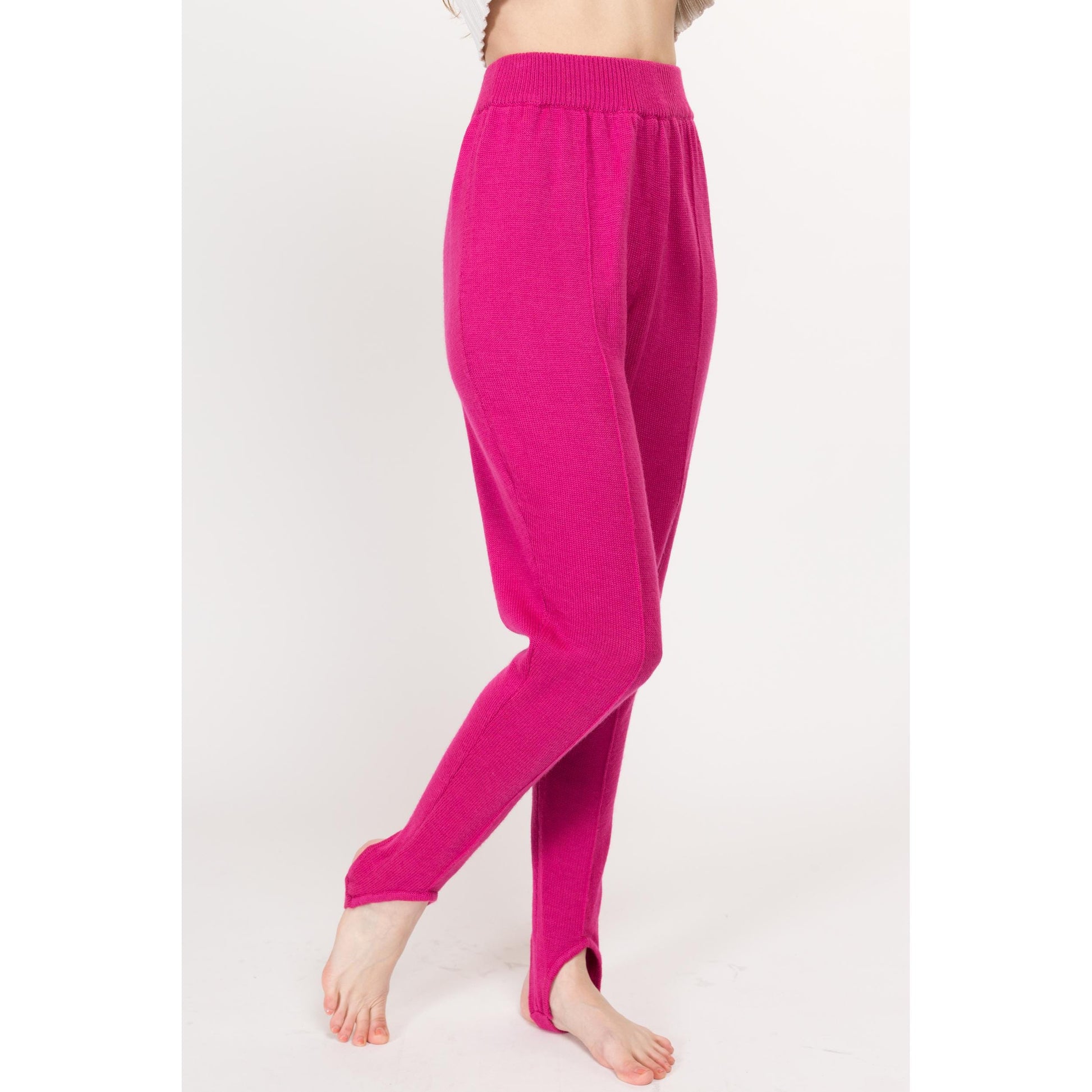 Small 80s Hot Pink Knit Stirrup Lounge Pants | Vintage High Waisted Tapered Leg Legging Pants