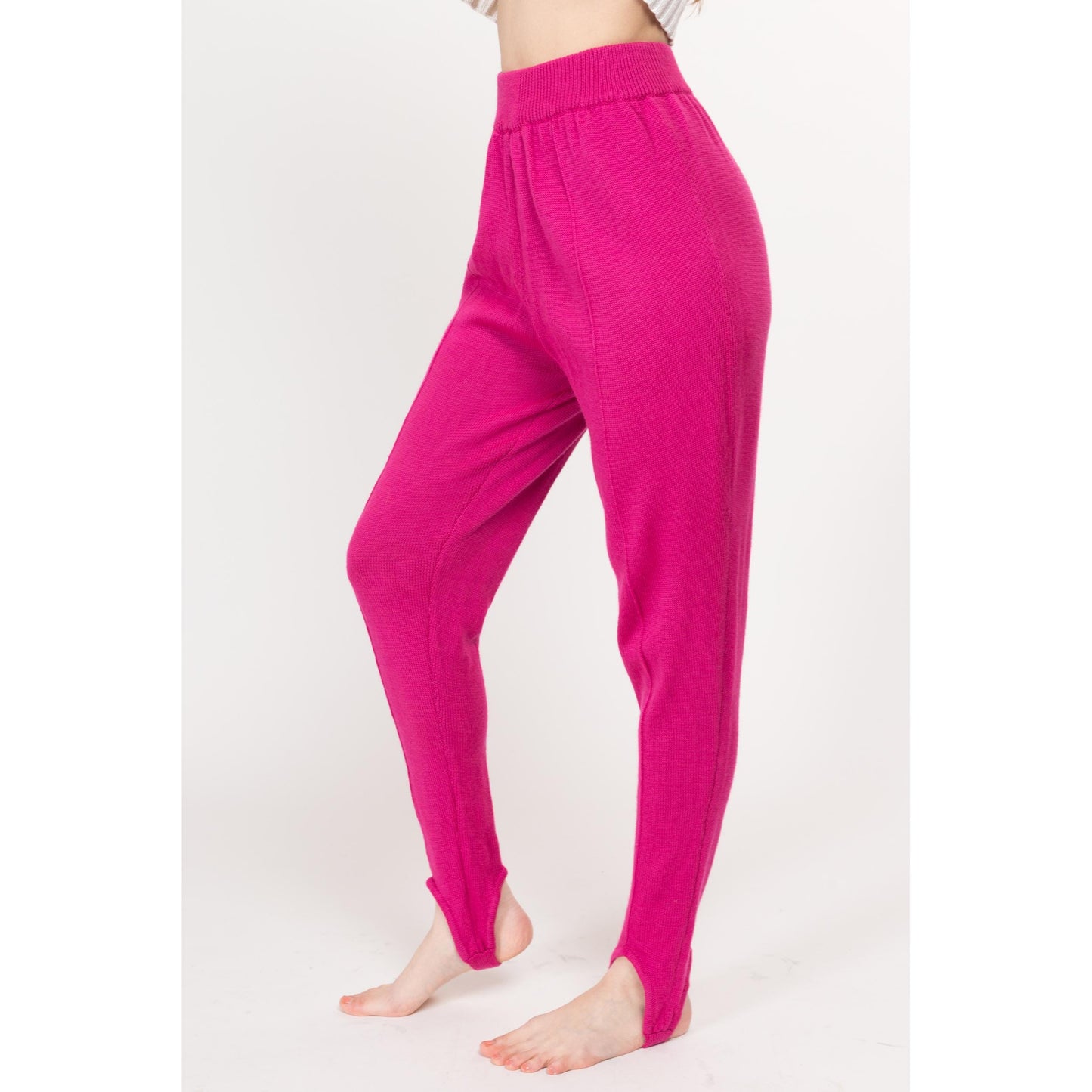 Small 80s Hot Pink Knit Stirrup Lounge Pants | Vintage High Waisted Tapered Leg Legging Pants