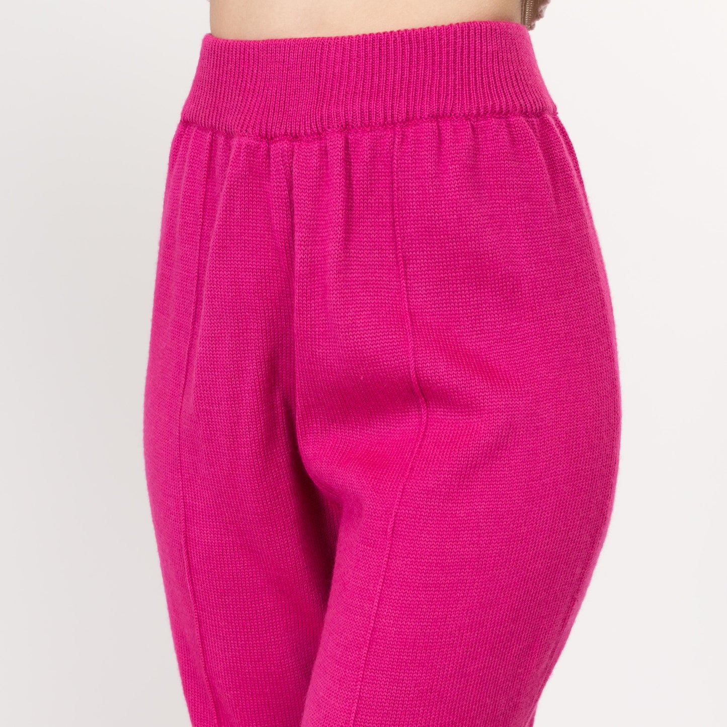 Small 80s Hot Pink Knit Stirrup Lounge Pants | Vintage High Waisted Tapered Leg Legging Pants