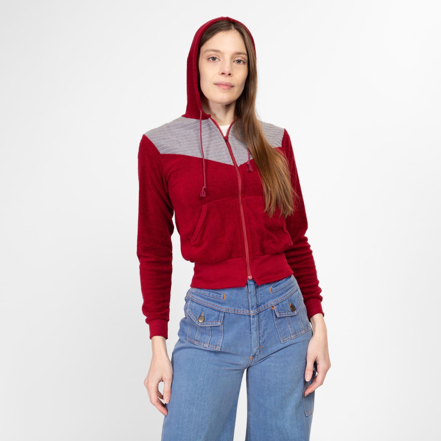 XS 70s Wrangler Rust Red Terrycloth Hoodie NWT | Vintage Zip Up Hooded Cropped Sweatshirt