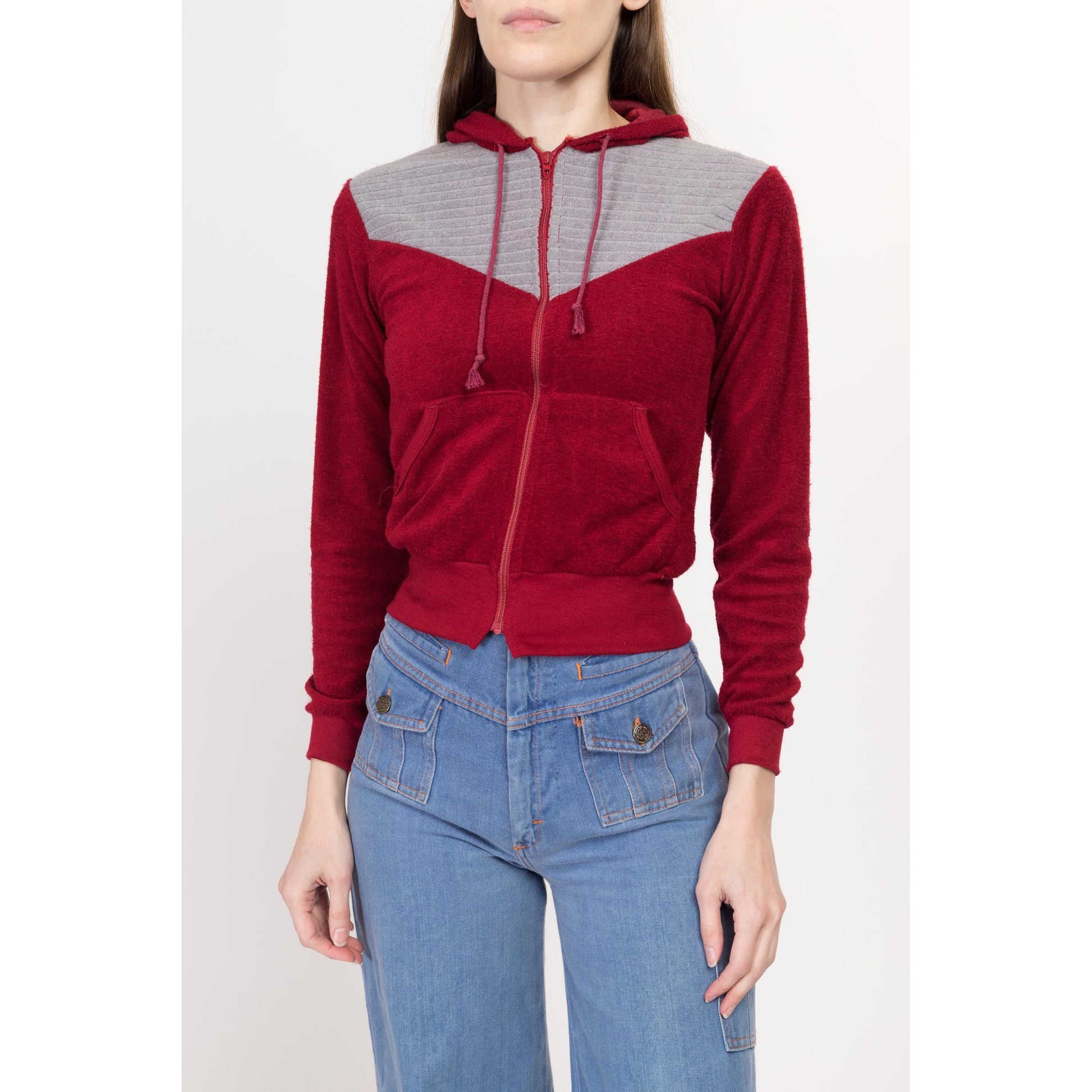 XS 70s Wrangler Rust Red Terrycloth Hoodie NWT | Vintage Zip Up Hooded Cropped Sweatshirt