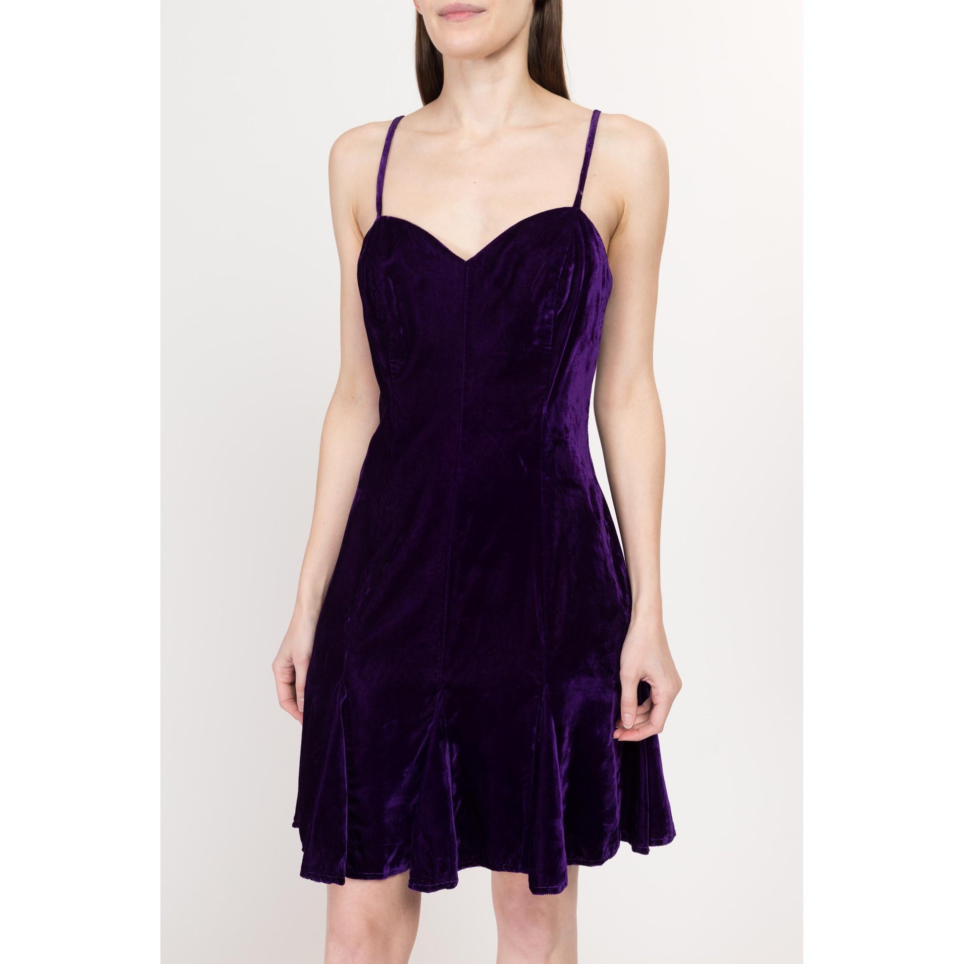 Small 80s Royal Purple Velvet Party Dress Size 6 | Vintage Fit & Flare Sweetheart Neck Mini Prom Dress