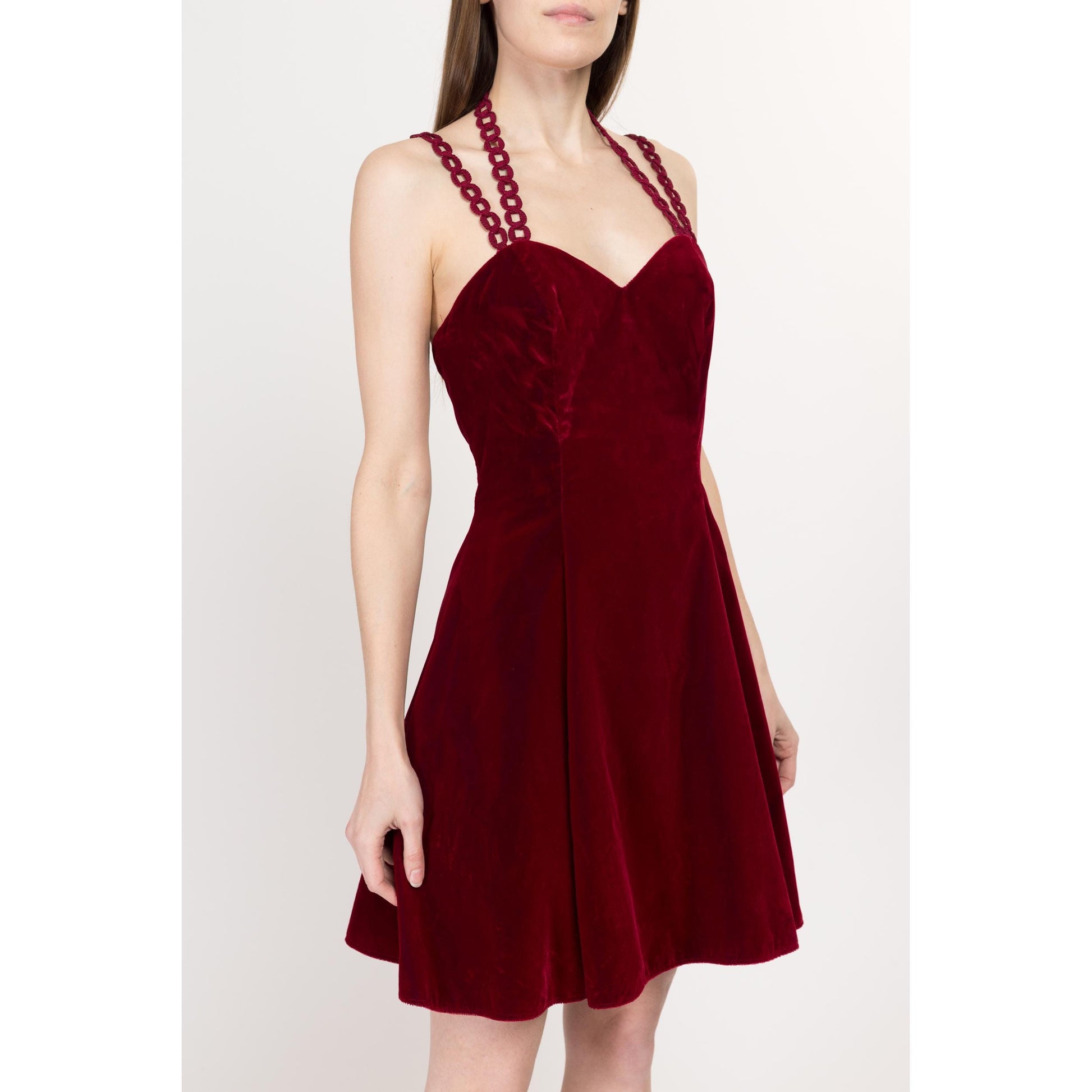 Small 80s Oxblood Red Velvet Chain Strap Party Dress | Vintage Zum Zum Low Back Sweetheart Neck Fit & Flare Mini Dress